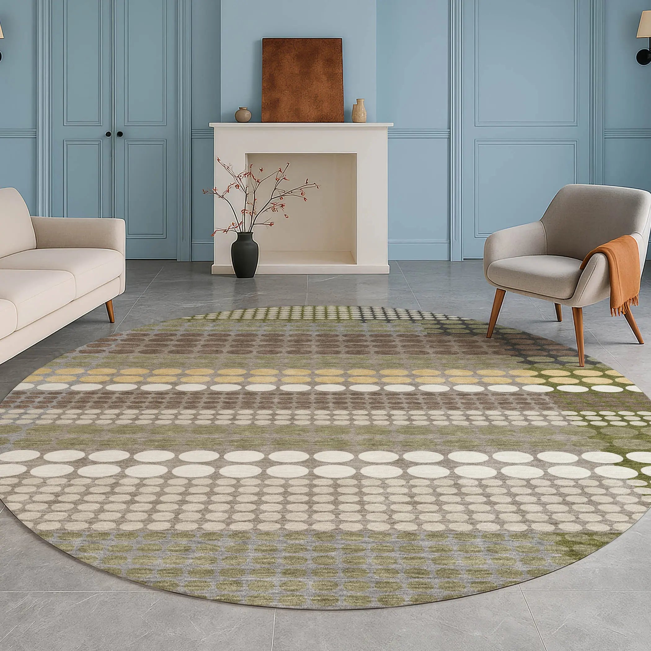 8' Olive Green And Brown Round Geometric Washable Indoor Outdoor Area Rug Homeroots Outdoor