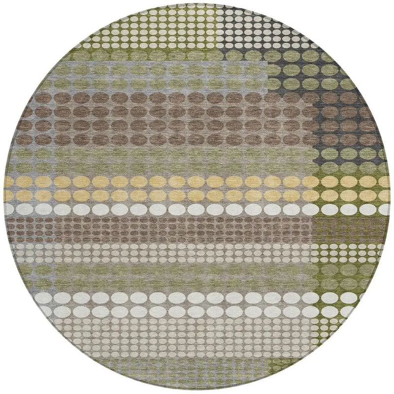 8' Olive Green And Brown Round Geometric Washable Indoor Outdoor Area Rug Homeroots Outdoor