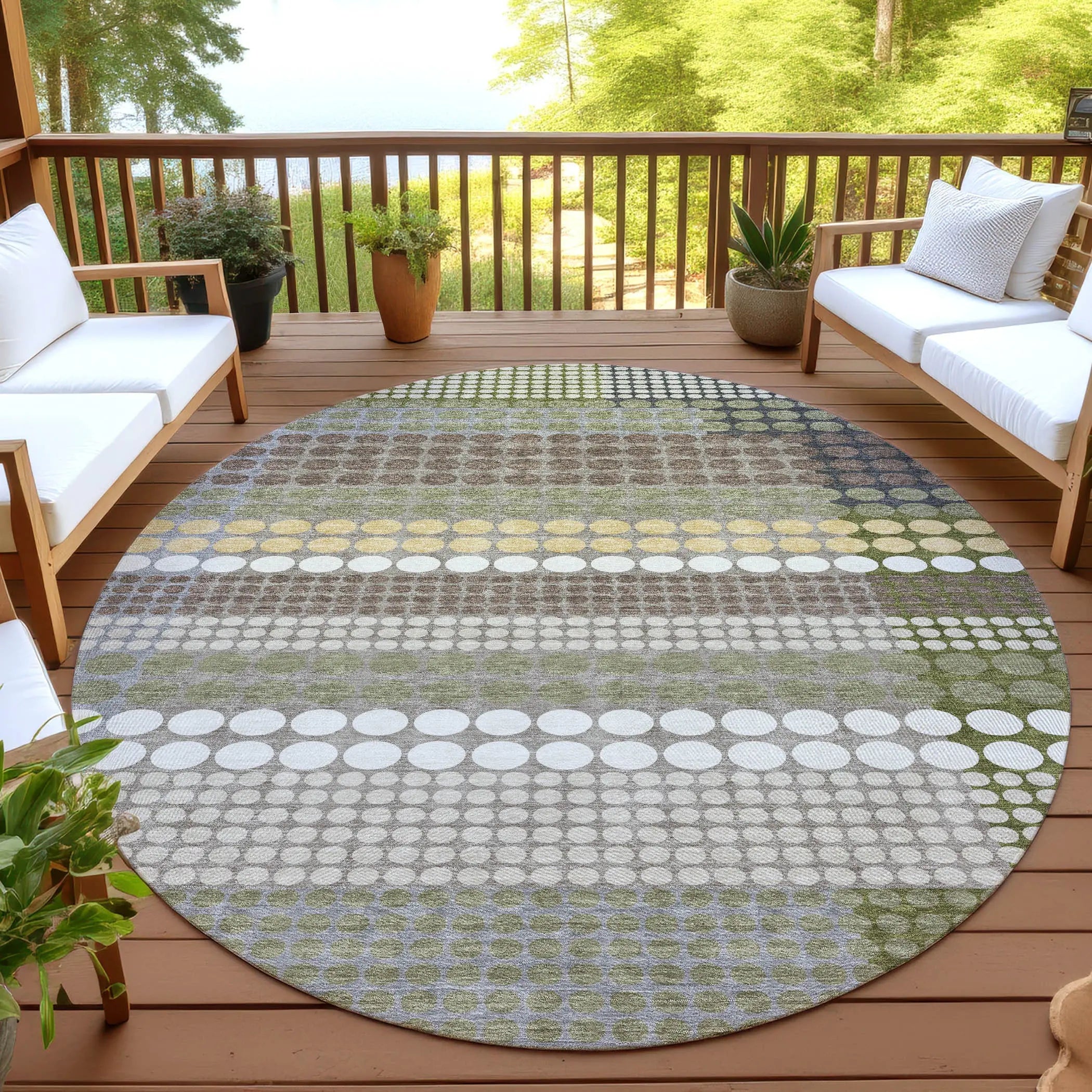 8' Olive Green And Brown Round Geometric Washable Indoor Outdoor Area Rug Homeroots Outdoor