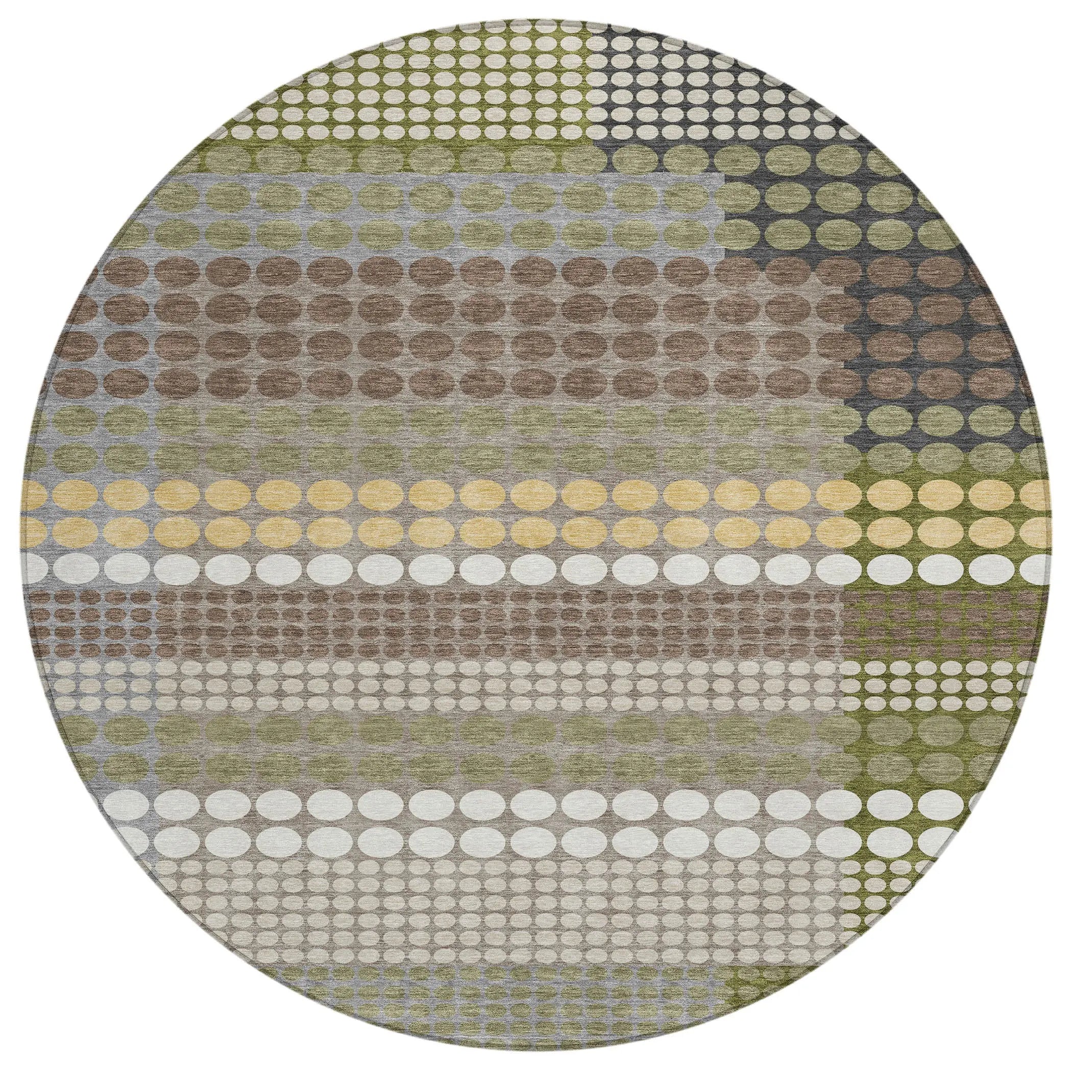 8' Olive Green And Brown Round Geometric Washable Indoor Outdoor Area Rug Homeroots Outdoor