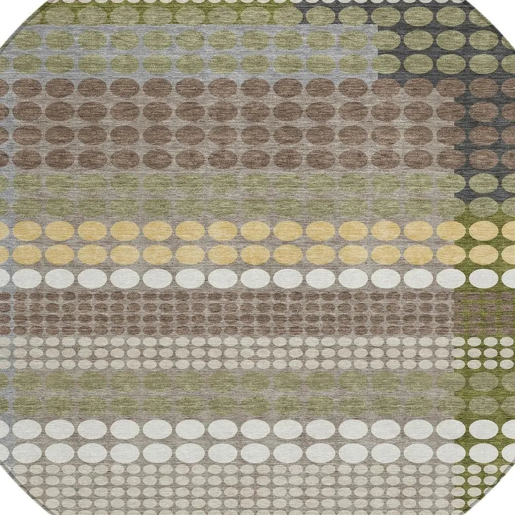 8' Olive Green And Brown Round Geometric Washable Indoor Outdoor Area Rug Homeroots Outdoor