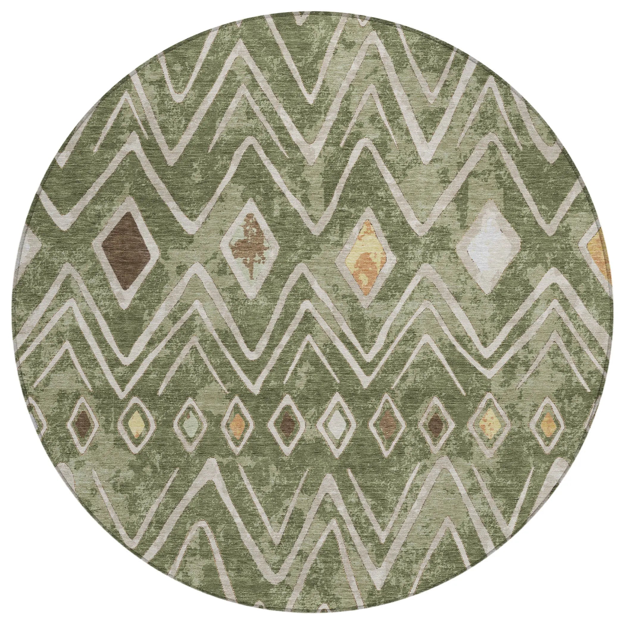 8' Olive Green And Brown Round Geometric Washable Indoor Outdoor Area Rug Homeroots Outdoor