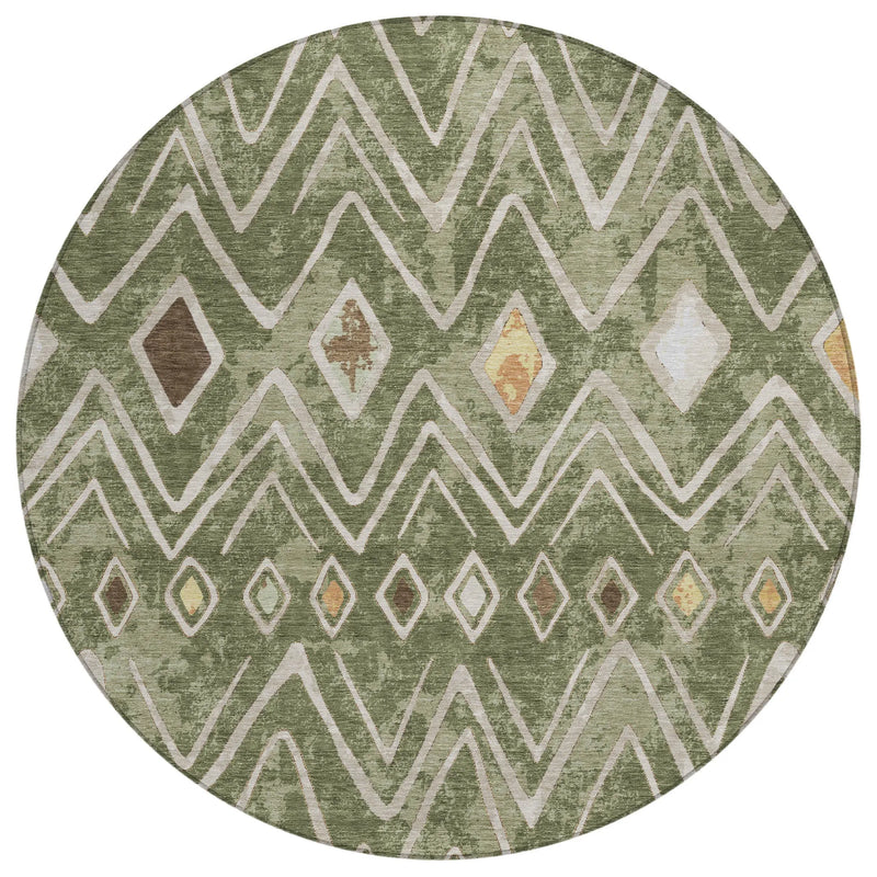 8' Olive Green And Brown Round Geometric Washable Indoor Outdoor Area Rug Homeroots Outdoor