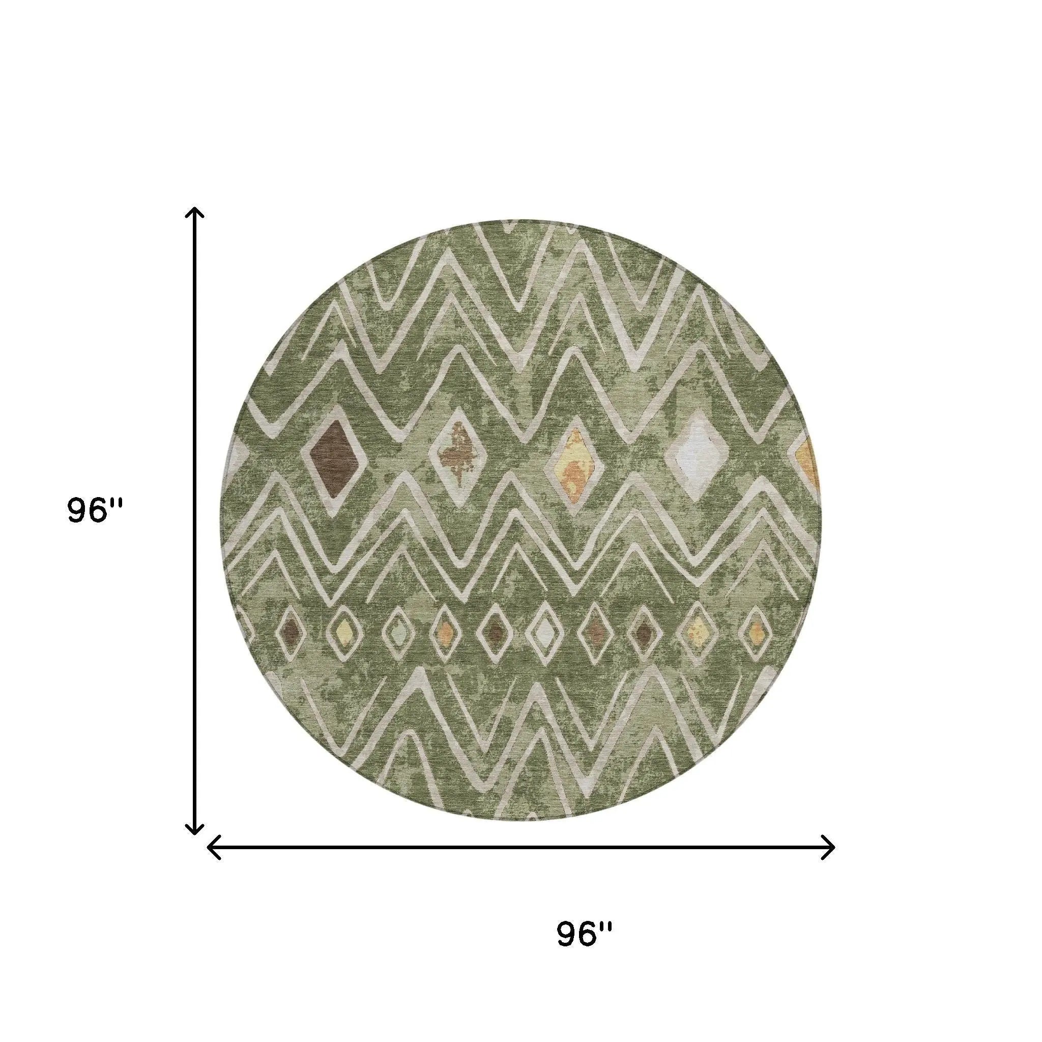 8' Olive Green And Brown Round Geometric Washable Indoor Outdoor Area Rug Homeroots Outdoor