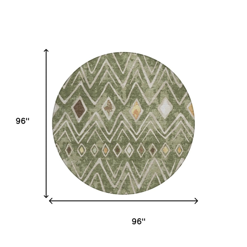 8' Olive Green And Brown Round Geometric Washable Indoor Outdoor Area Rug Homeroots Outdoor