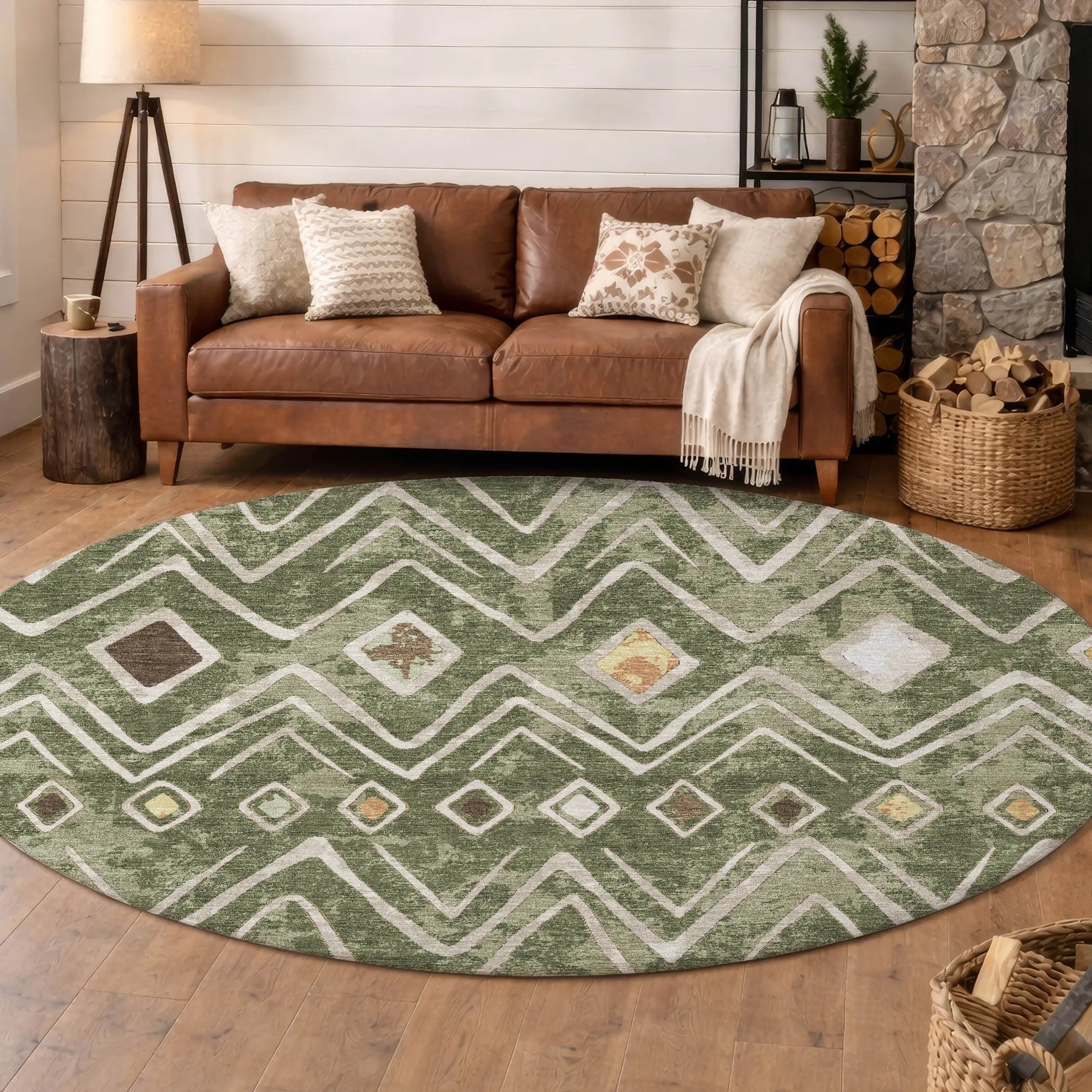 8' Olive Green And Brown Round Geometric Washable Indoor Outdoor Area Rug Homeroots Outdoor