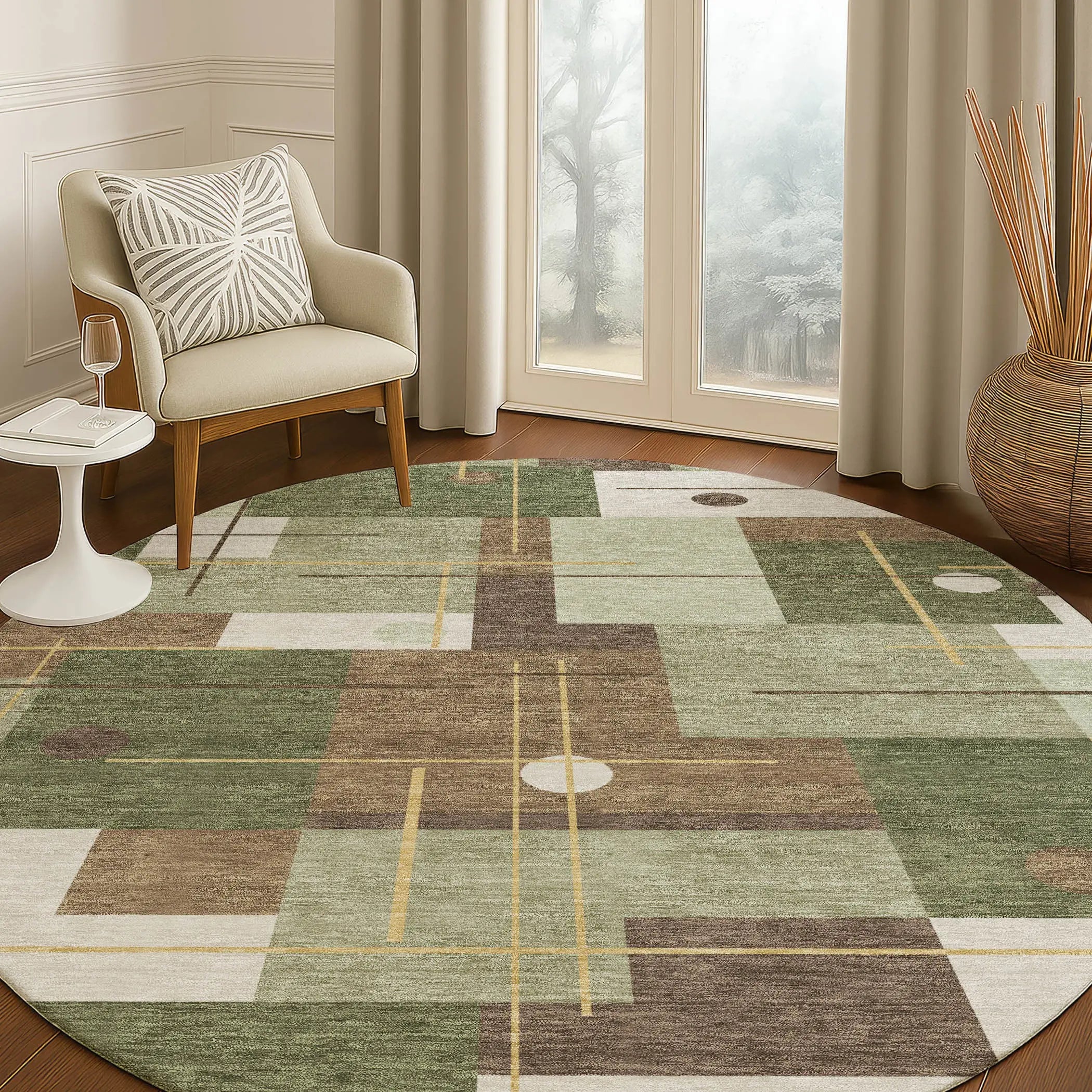 8' Olive Green And Brown Round Geometric Washable Indoor Outdoor Area Rug Homeroots Outdoor