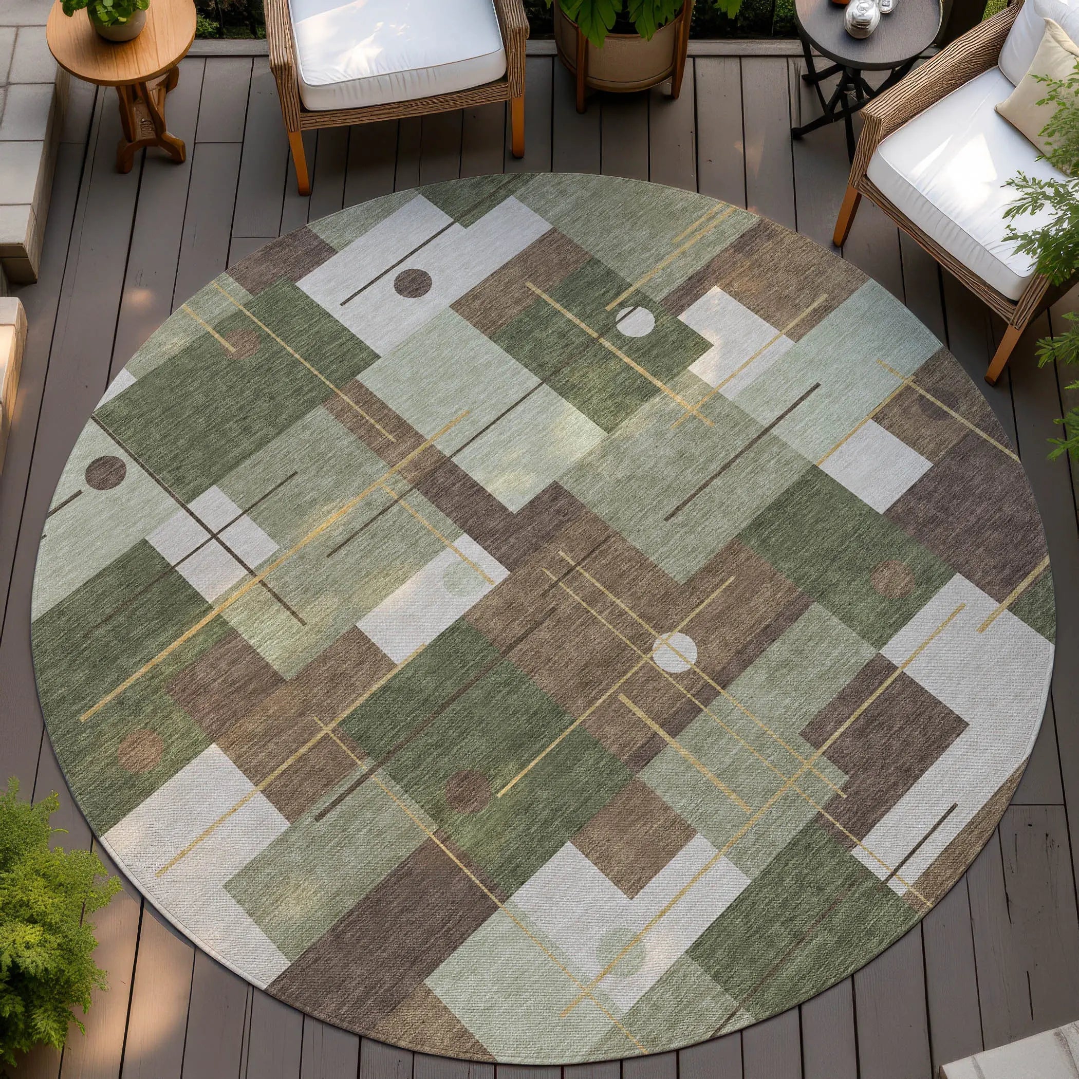 8' Olive Green And Brown Round Geometric Washable Indoor Outdoor Area Rug Homeroots Outdoor