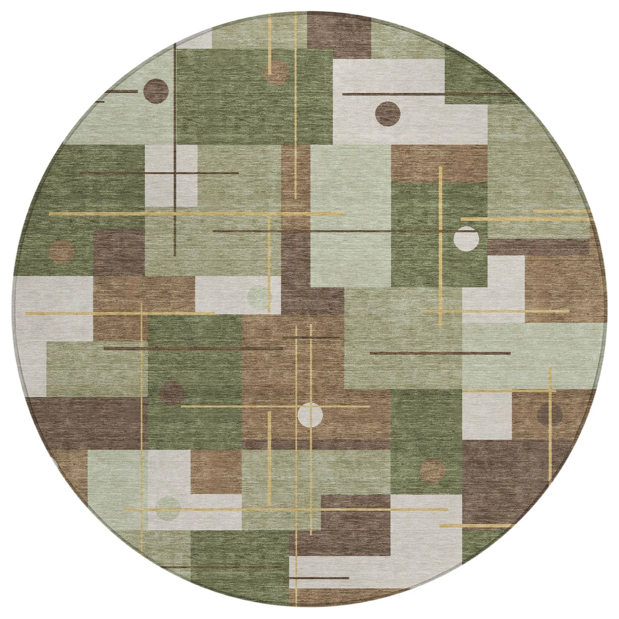 8' Olive Green And Brown Round Geometric Washable Indoor Outdoor Area Rug Homeroots Outdoor