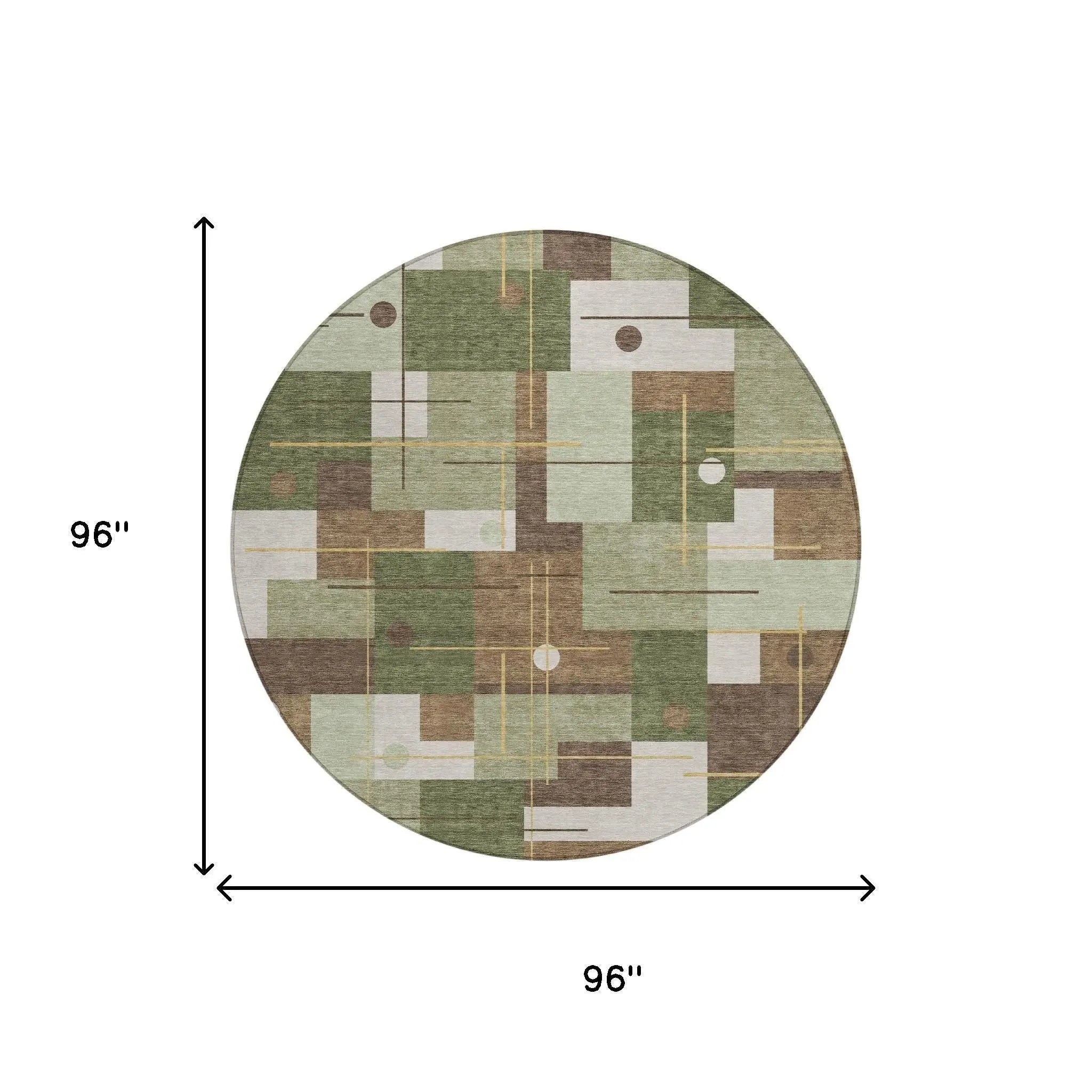 8' Olive Green And Brown Round Geometric Washable Indoor Outdoor Area Rug Homeroots Outdoor