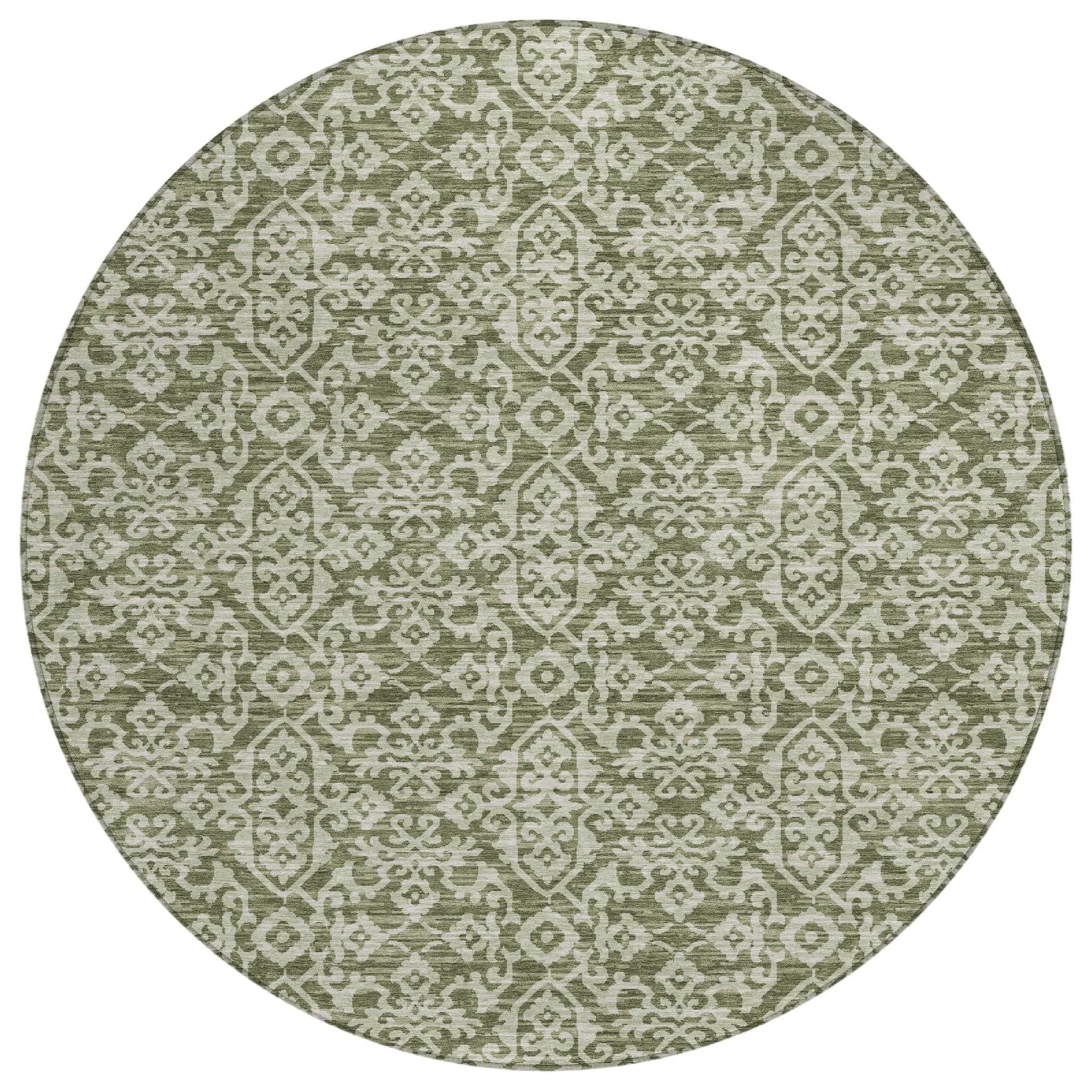 8' Olive Green And Brown Round Oriental Washable Indoor Outdoor Area Rug Homeroots Outdoor