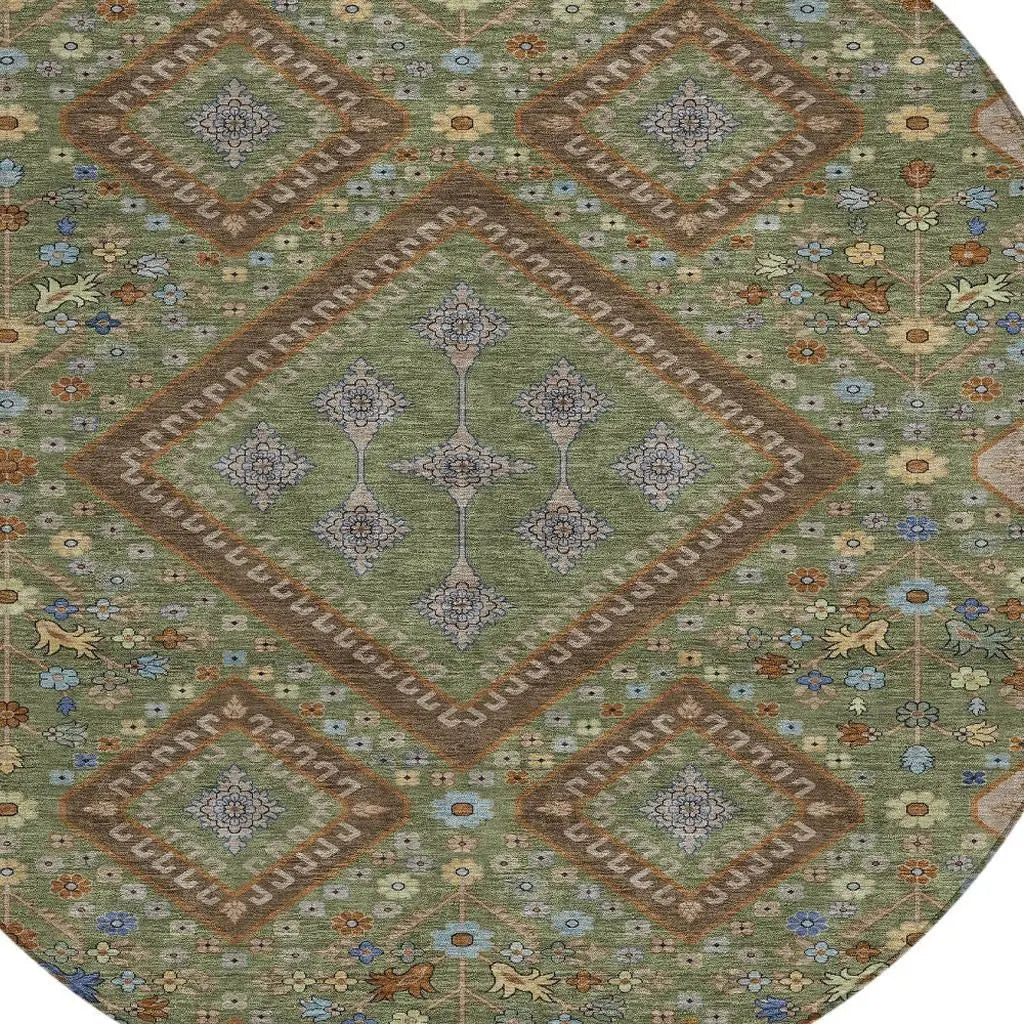 8' Olive Green And Chocolate Round Medallion Washable Indoor Outdoor Area Rug Homeroots Outdoor