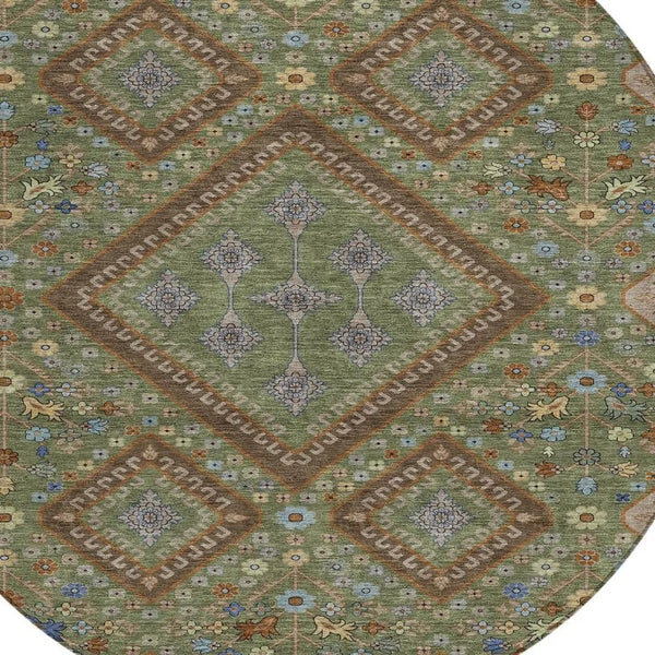 8' Olive Green And Chocolate Round Medallion Washable Indoor Outdoor Area Rug Homeroots Outdoor