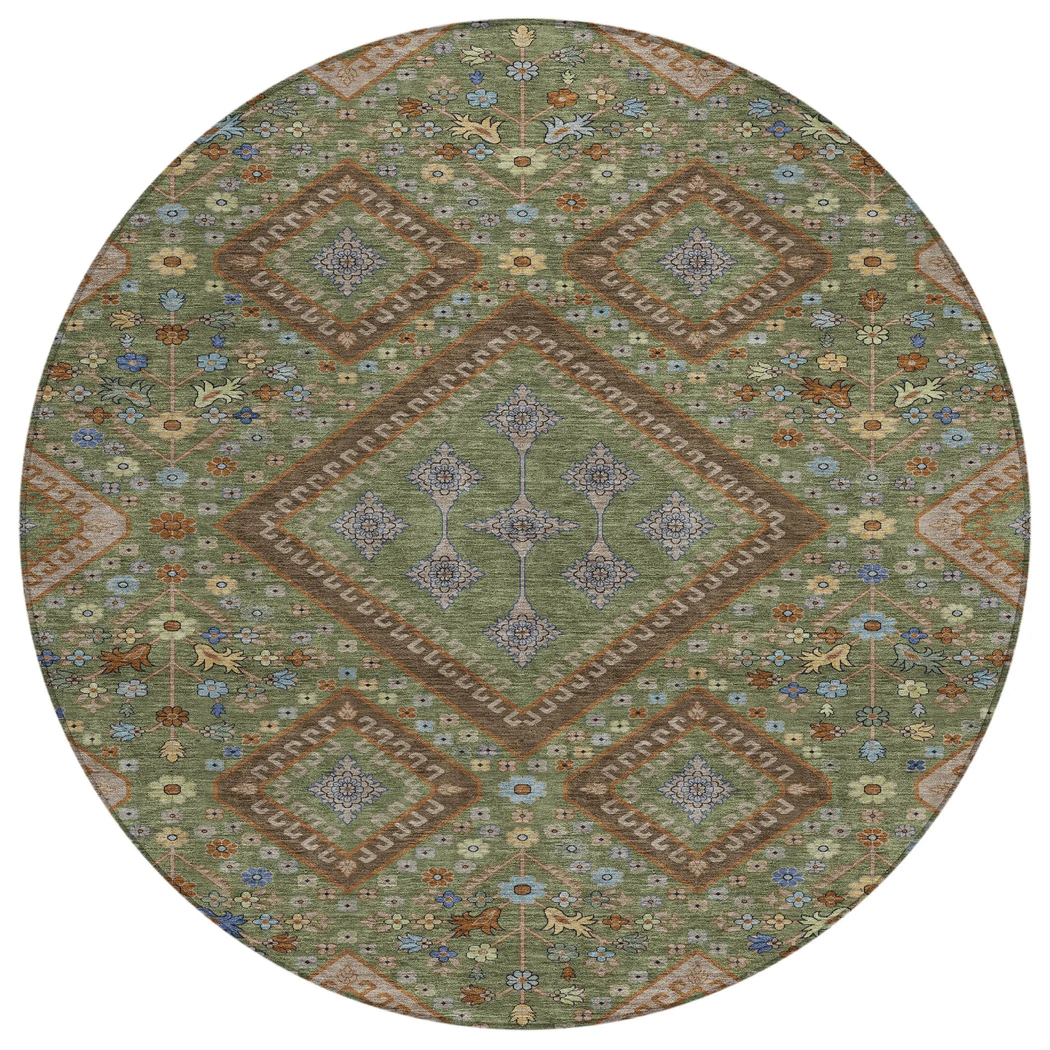 8' Olive Green And Chocolate Round Medallion Washable Indoor Outdoor Area Rug Homeroots Outdoor