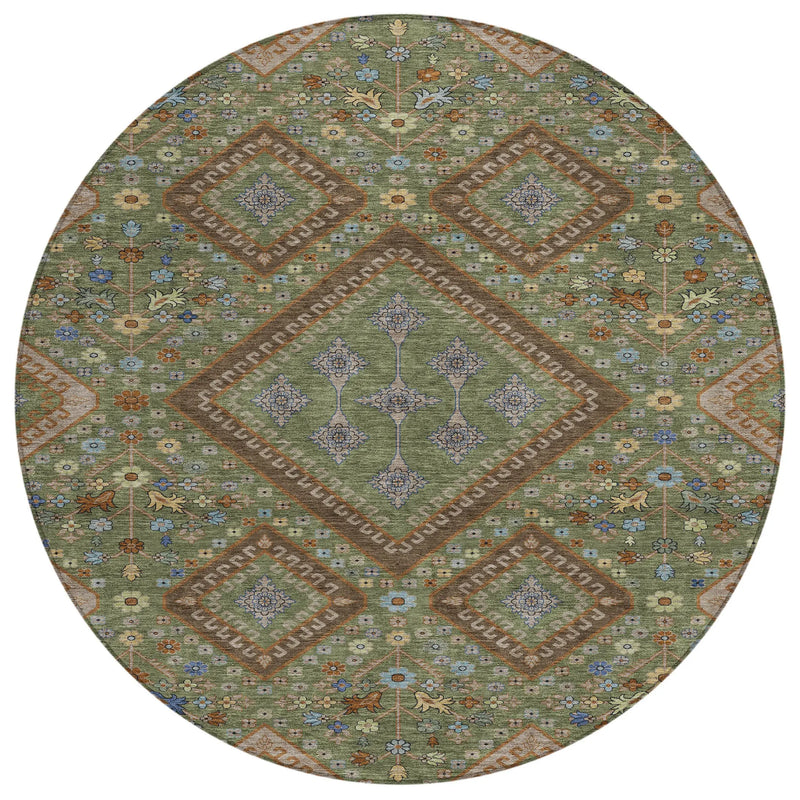 8' Olive Green And Chocolate Round Medallion Washable Indoor Outdoor Area Rug Homeroots Outdoor