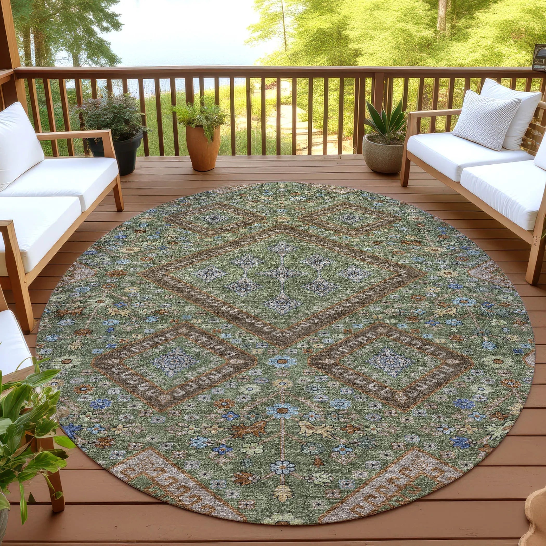 8' Olive Green And Chocolate Round Medallion Washable Indoor Outdoor Area Rug Homeroots Outdoor