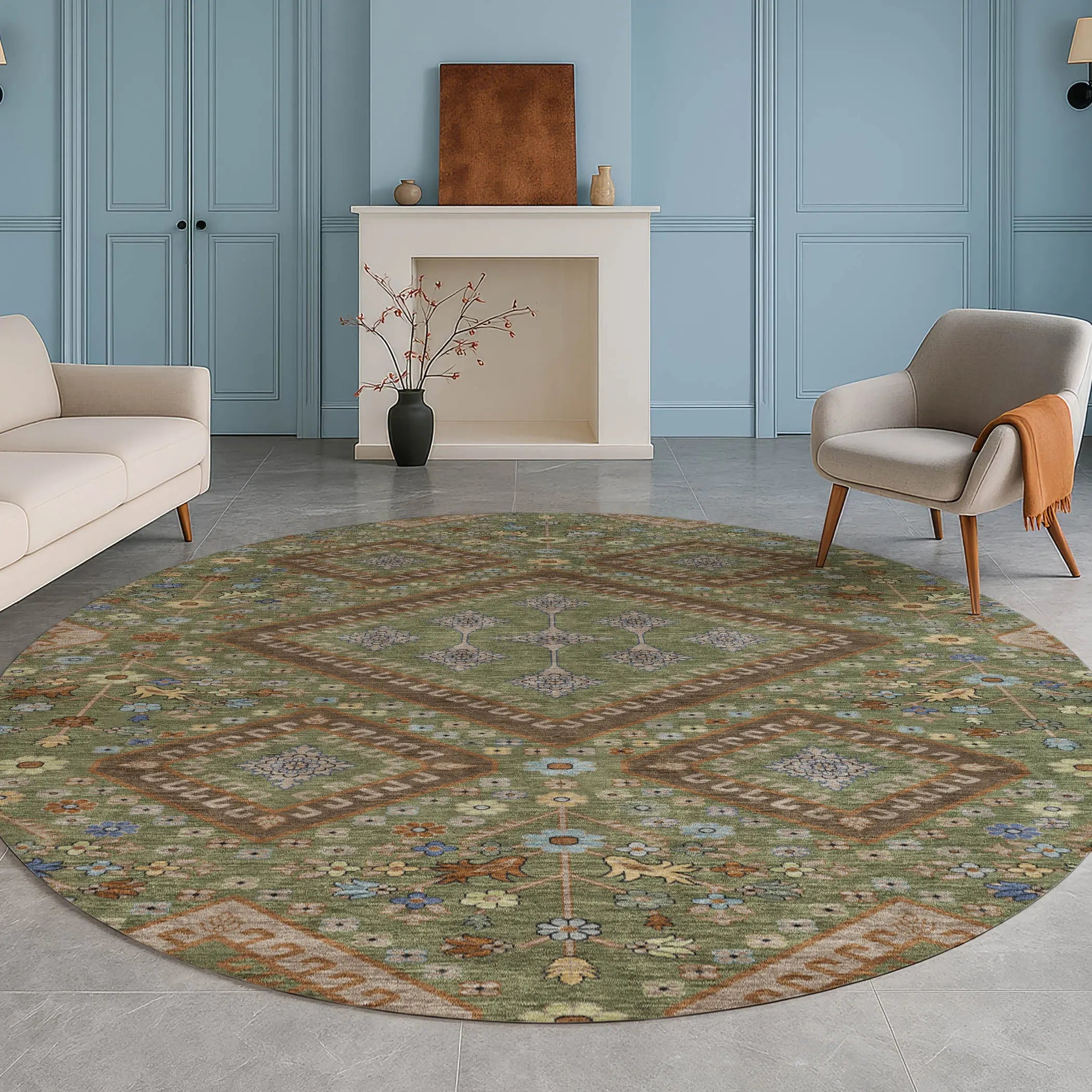 8' Olive Green And Chocolate Round Medallion Washable Indoor Outdoor Area Rug Homeroots Outdoor