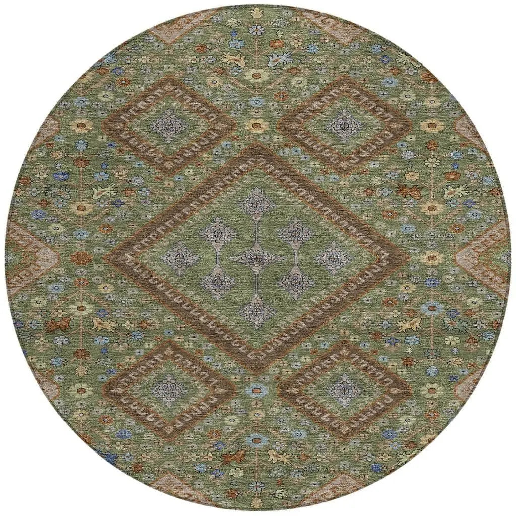 8' Olive Green And Chocolate Round Medallion Washable Indoor Outdoor Area Rug Homeroots Outdoor