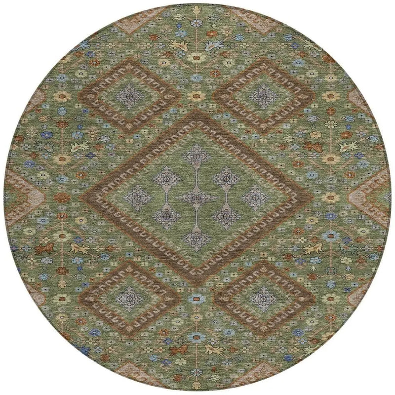 8' Olive Green And Chocolate Round Medallion Washable Indoor Outdoor Area Rug Homeroots Outdoor
