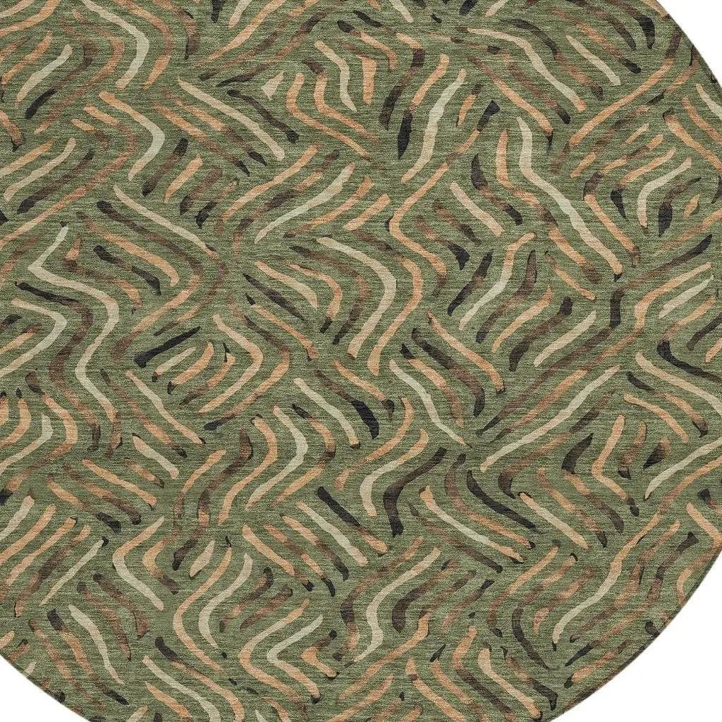 8' Olive Green And Copper Round Abstract Washable Indoor Outdoor Area Rug Homeroots Outdoor