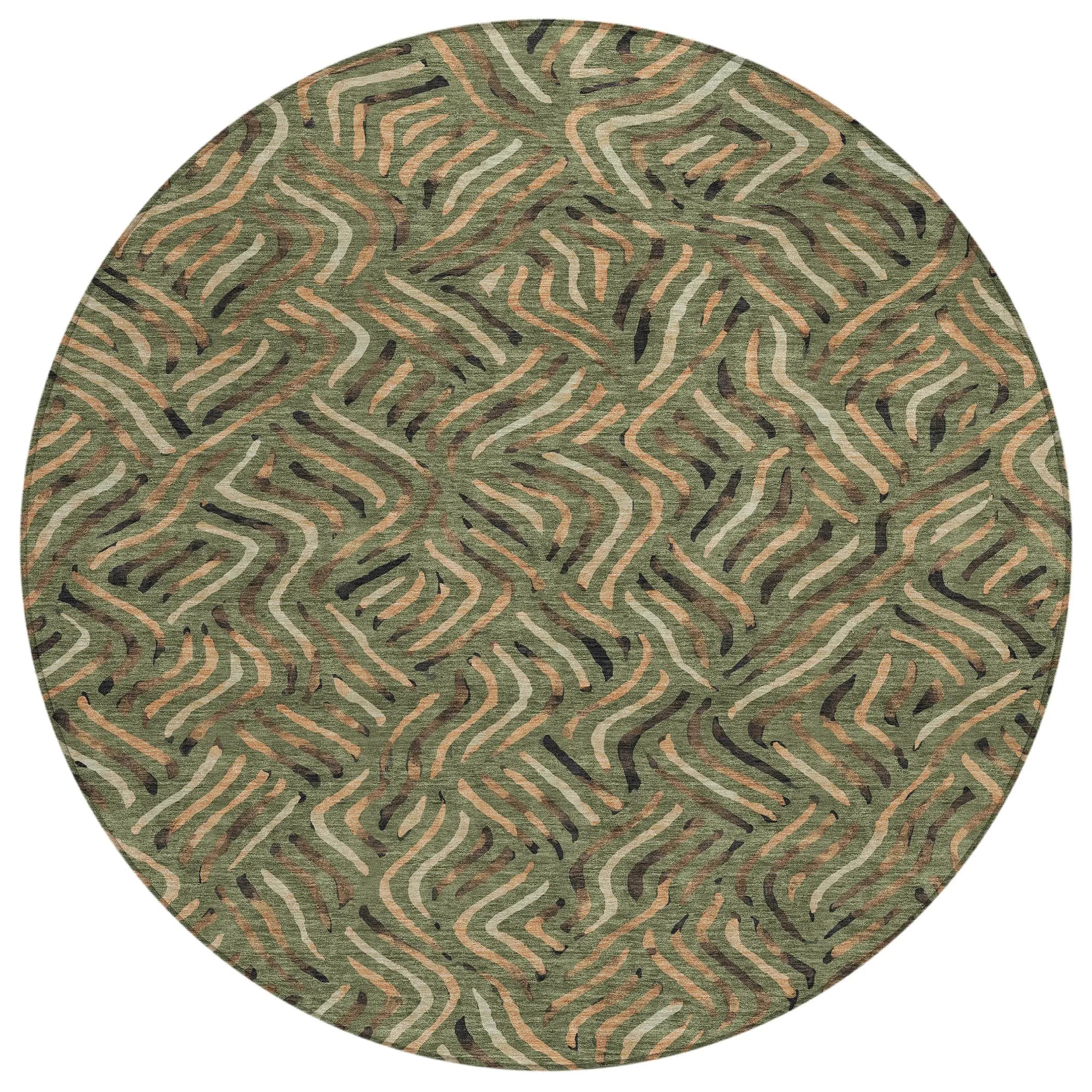 8' Olive Green And Copper Round Abstract Washable Indoor Outdoor Area Rug Homeroots Outdoor