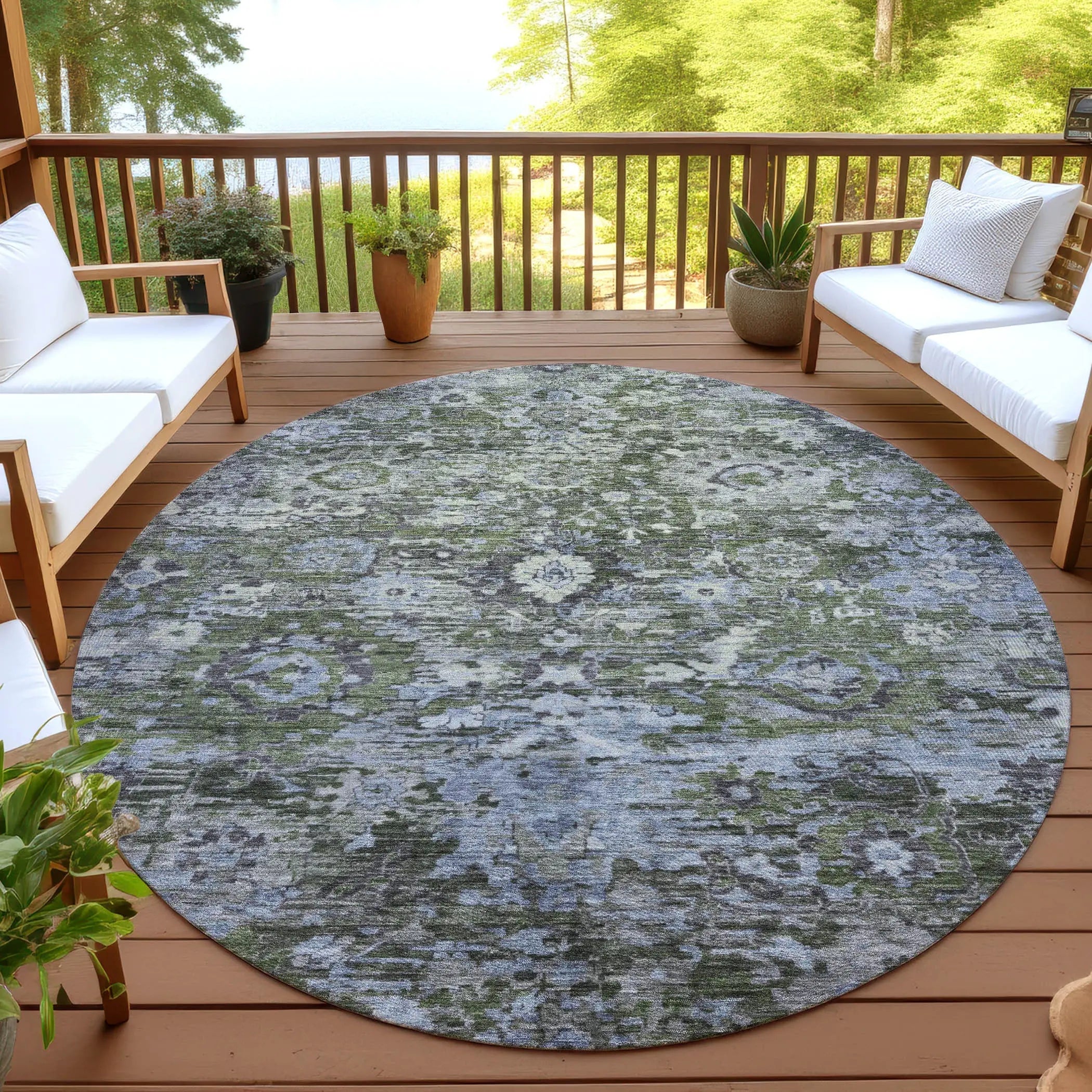 8' Olive Green And Denim Blue Round Floral Washable Indoor Outdoor Area Rug Homeroots Outdoor