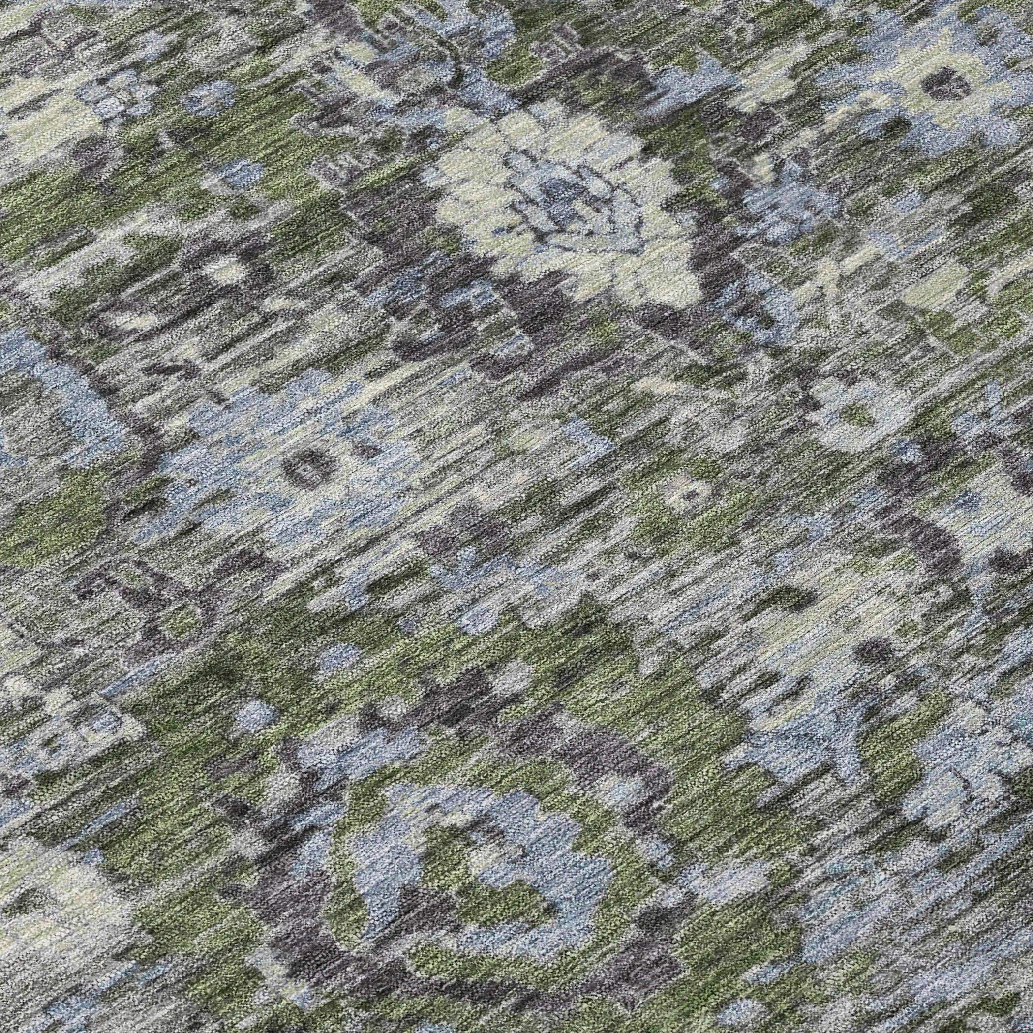 8' Olive Green And Denim Blue Round Floral Washable Indoor Outdoor Area Rug Homeroots Outdoor