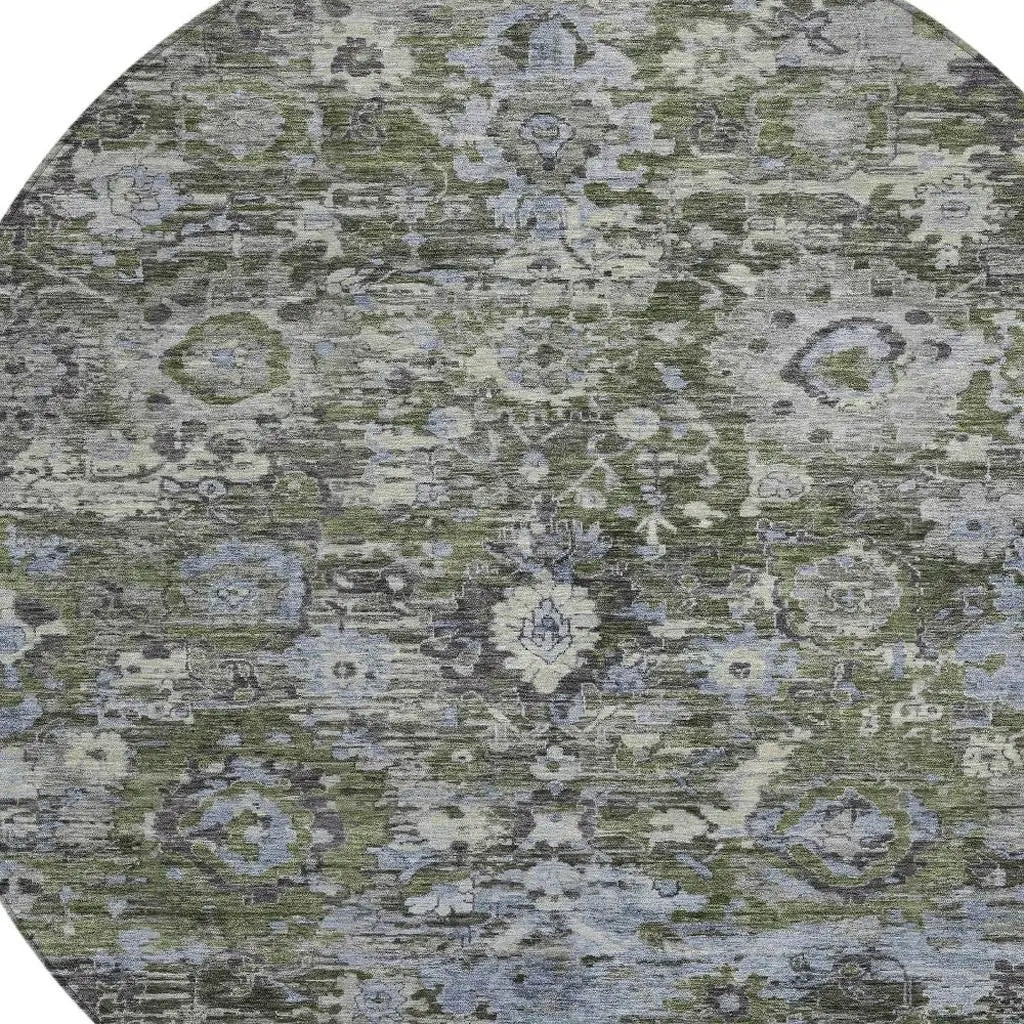 8' Olive Green And Denim Blue Round Floral Washable Indoor Outdoor Area Rug Homeroots Outdoor