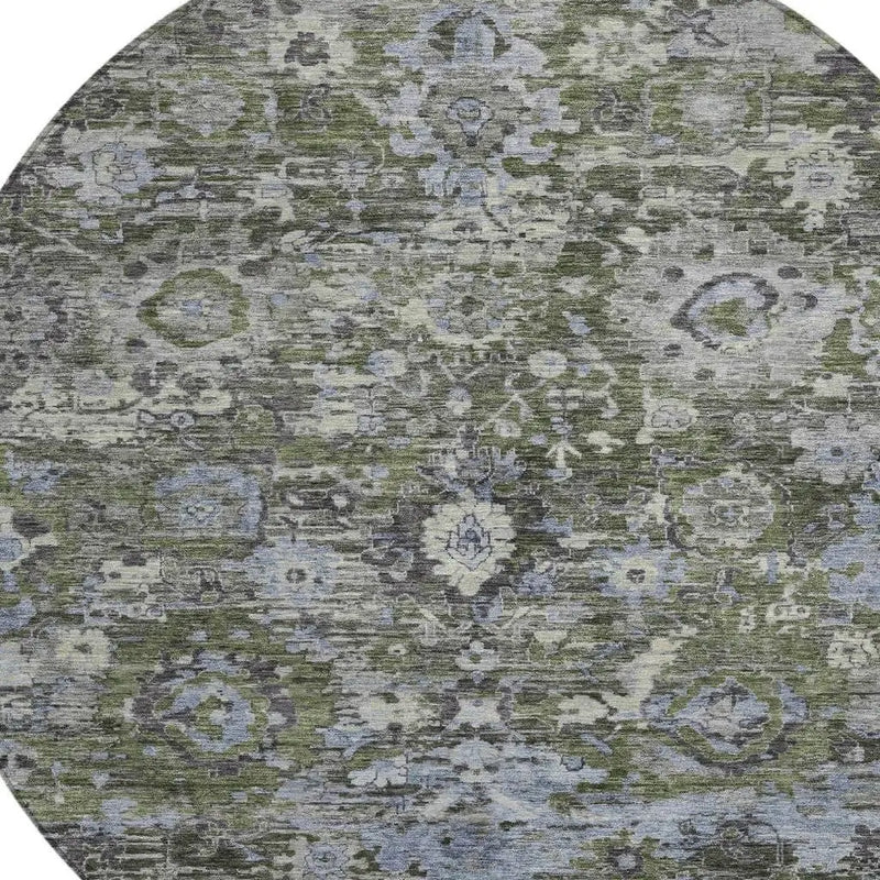 8' Olive Green And Denim Blue Round Floral Washable Indoor Outdoor Area Rug Homeroots Outdoor