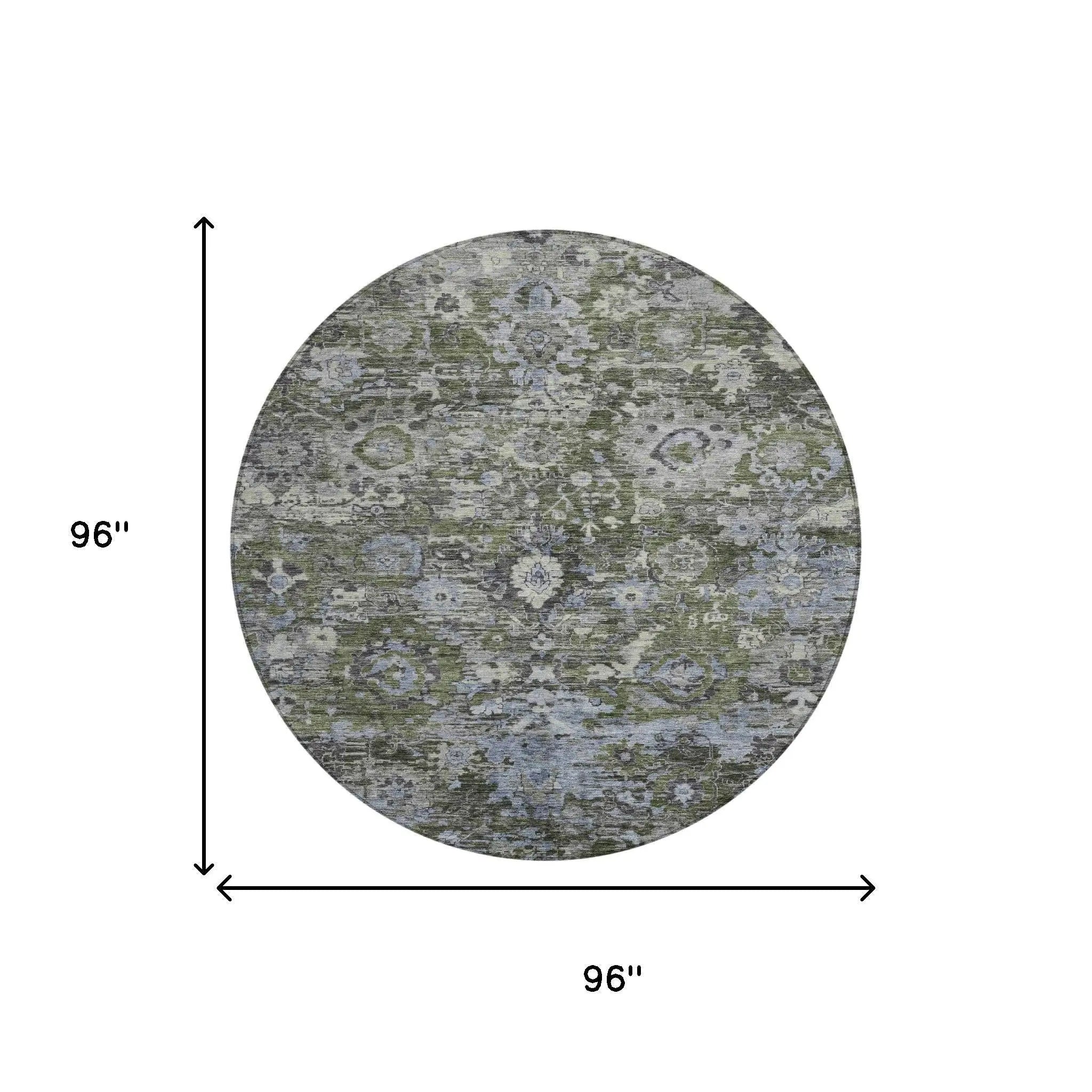 8' Olive Green And Denim Blue Round Floral Washable Indoor Outdoor Area Rug Homeroots Outdoor