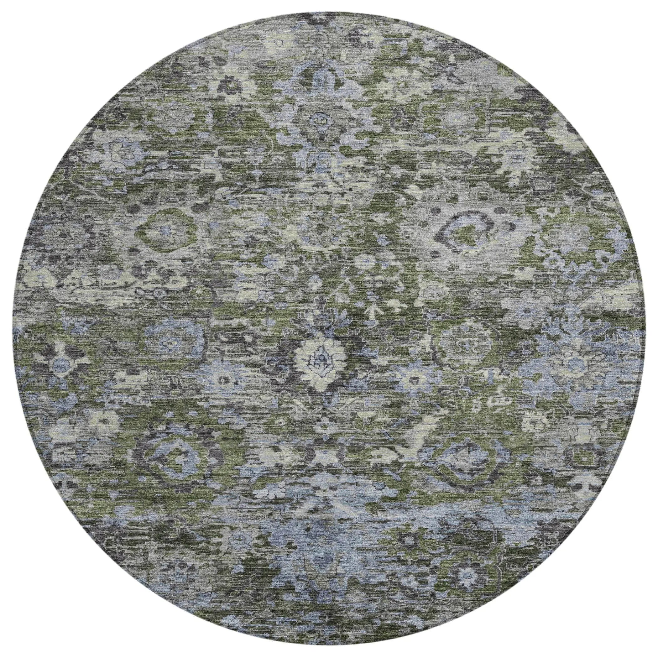 8' Olive Green And Denim Blue Round Floral Washable Indoor Outdoor Area Rug Homeroots Outdoor