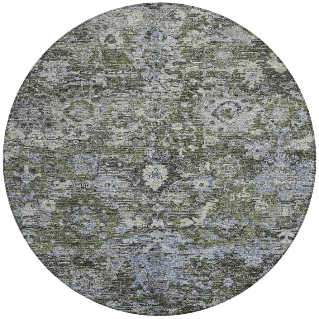8' Olive Green And Denim Blue Round Floral Washable Indoor Outdoor Area Rug Homeroots Outdoor