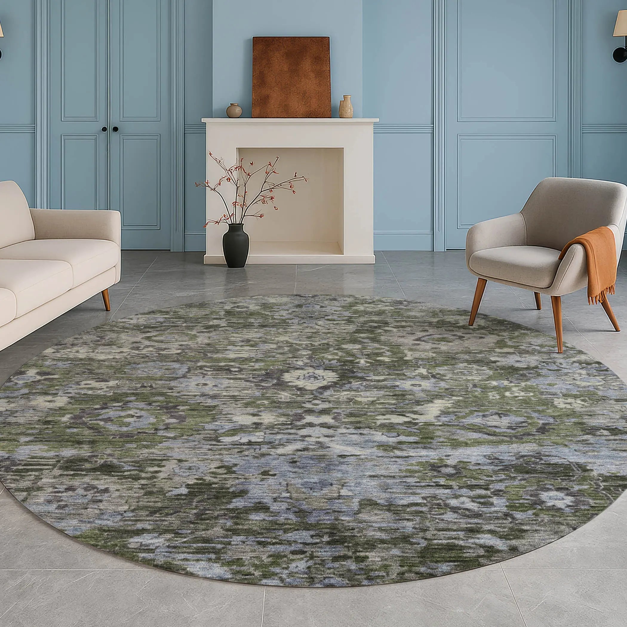 8' Olive Green And Denim Blue Round Floral Washable Indoor Outdoor Area Rug Homeroots Outdoor
