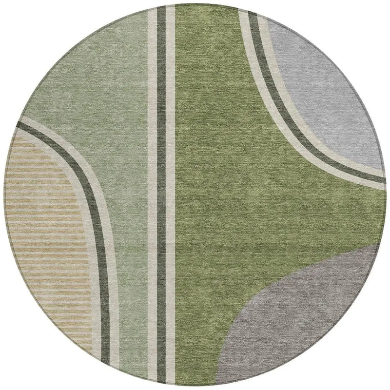 8' Olive Green And Fern Green Round Geometric Washable Indoor Outdoor Area Rug Homeroots Outdoor