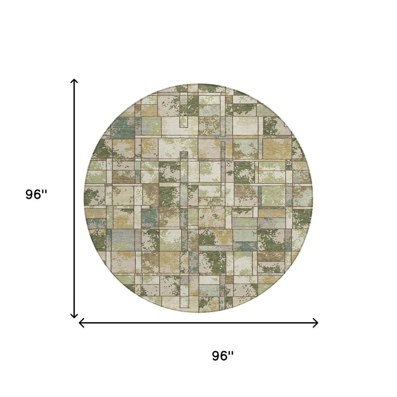 8' Olive Green And Fern Green Round Geometric Washable Indoor Outdoor Area Rug Homeroots Outdoor