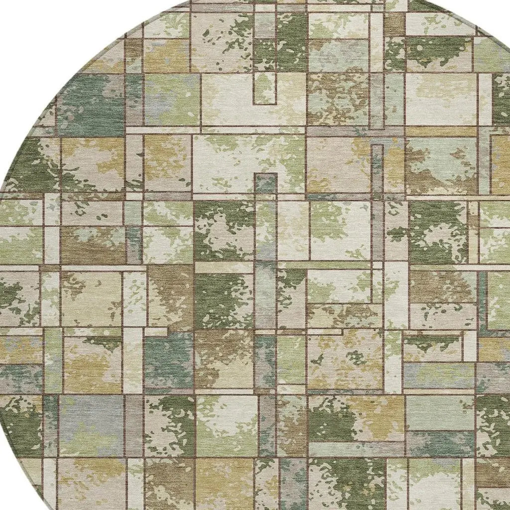 8' Olive Green And Fern Green Round Geometric Washable Indoor Outdoor Area Rug Homeroots Outdoor