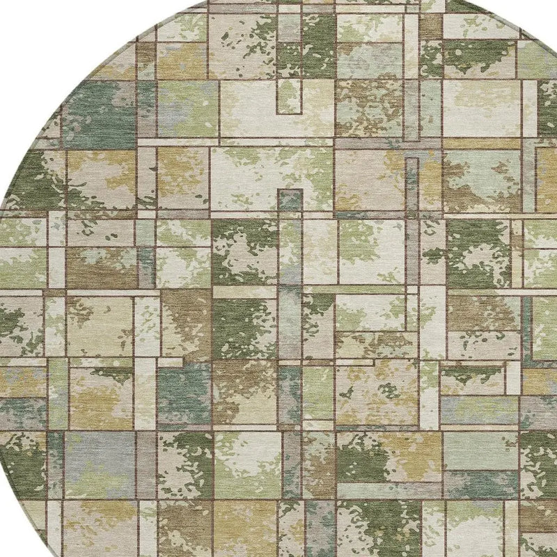 8' Olive Green And Fern Green Round Geometric Washable Indoor Outdoor Area Rug Homeroots Outdoor