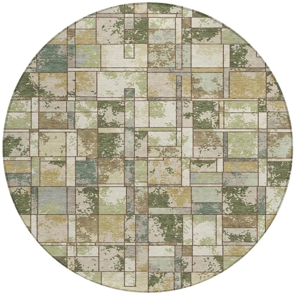 8' Olive Green And Fern Green Round Geometric Washable Indoor Outdoor Area Rug Homeroots Outdoor