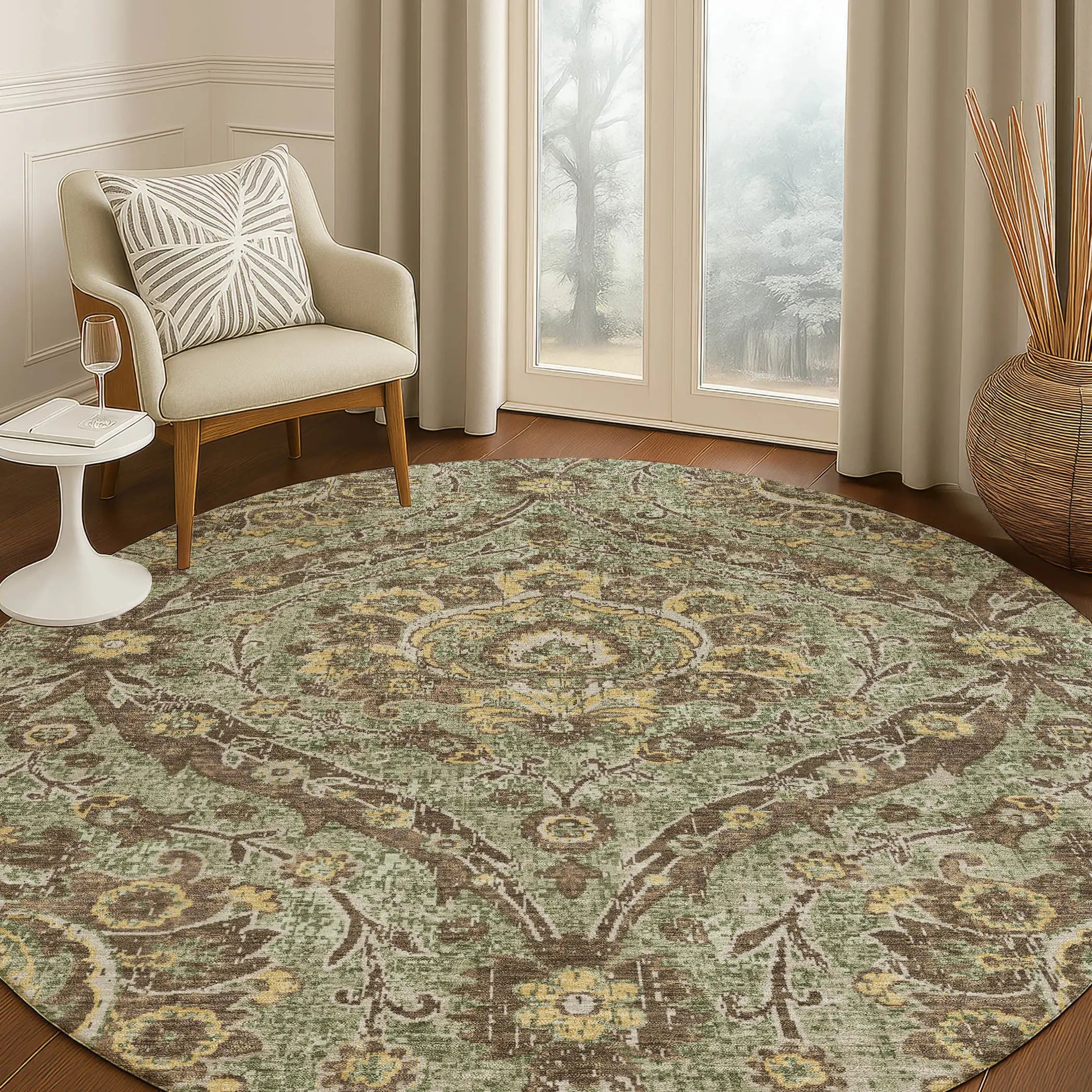 8' Olive Green And Granite Gray Round Floral Washable Indoor Outdoor Area Rug Homeroots Outdoor