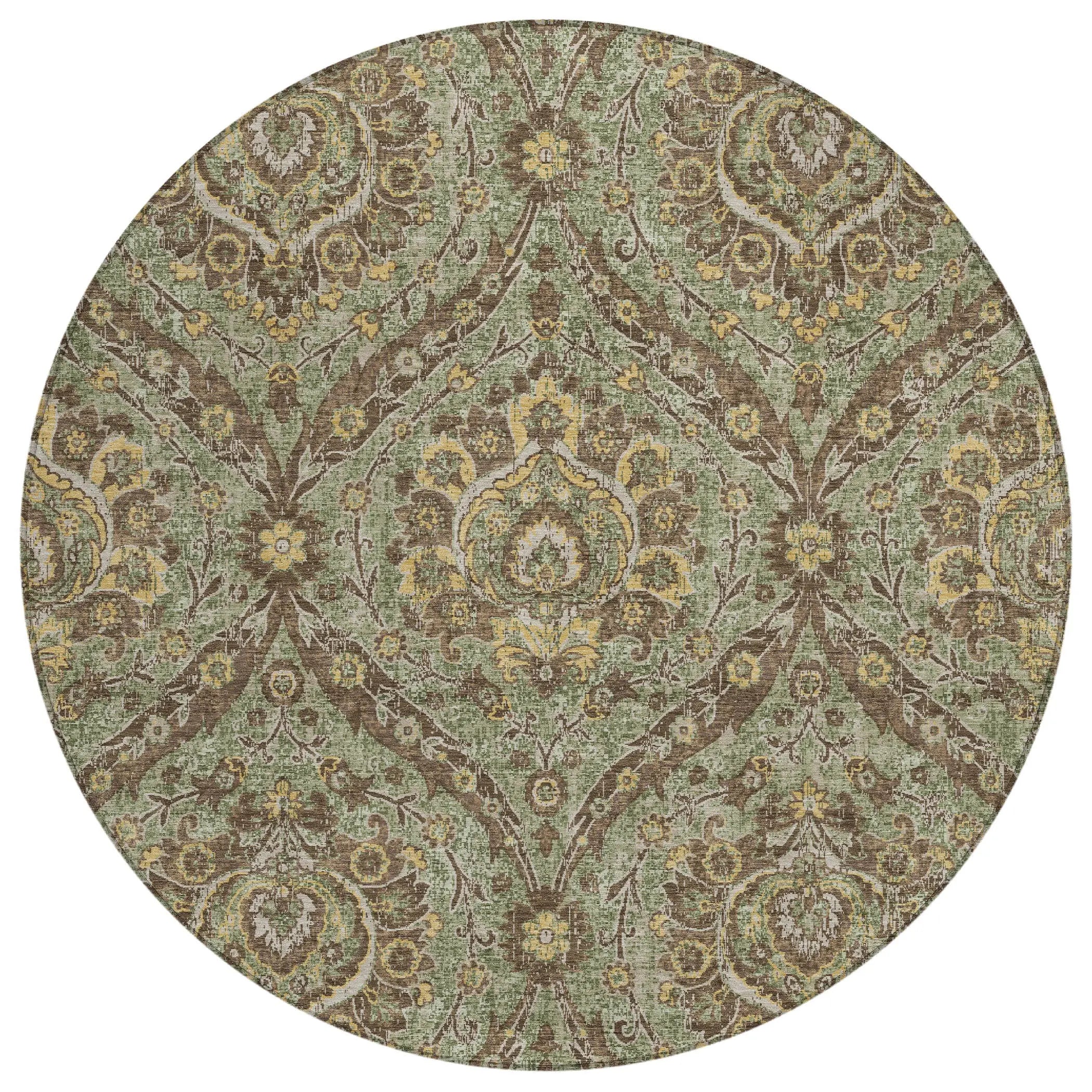 8' Olive Green And Granite Gray Round Floral Washable Indoor Outdoor Area Rug Homeroots Outdoor