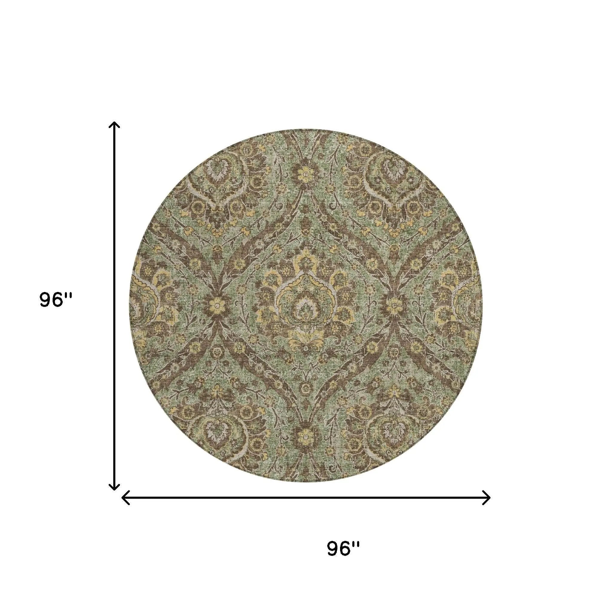 8' Olive Green And Granite Gray Round Floral Washable Indoor Outdoor Area Rug Homeroots Outdoor