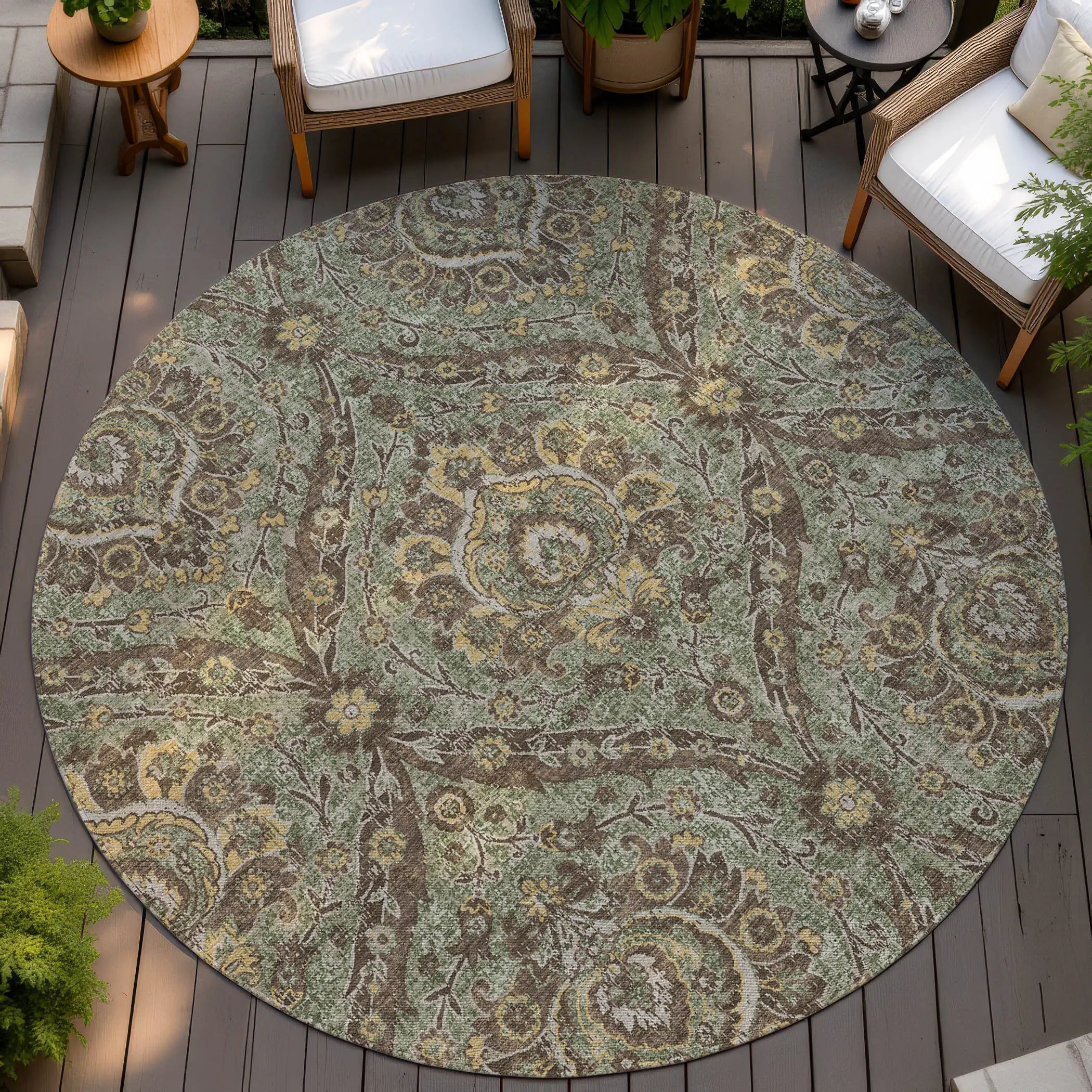 8' Olive Green And Granite Gray Round Floral Washable Indoor Outdoor Area Rug Homeroots Outdoor