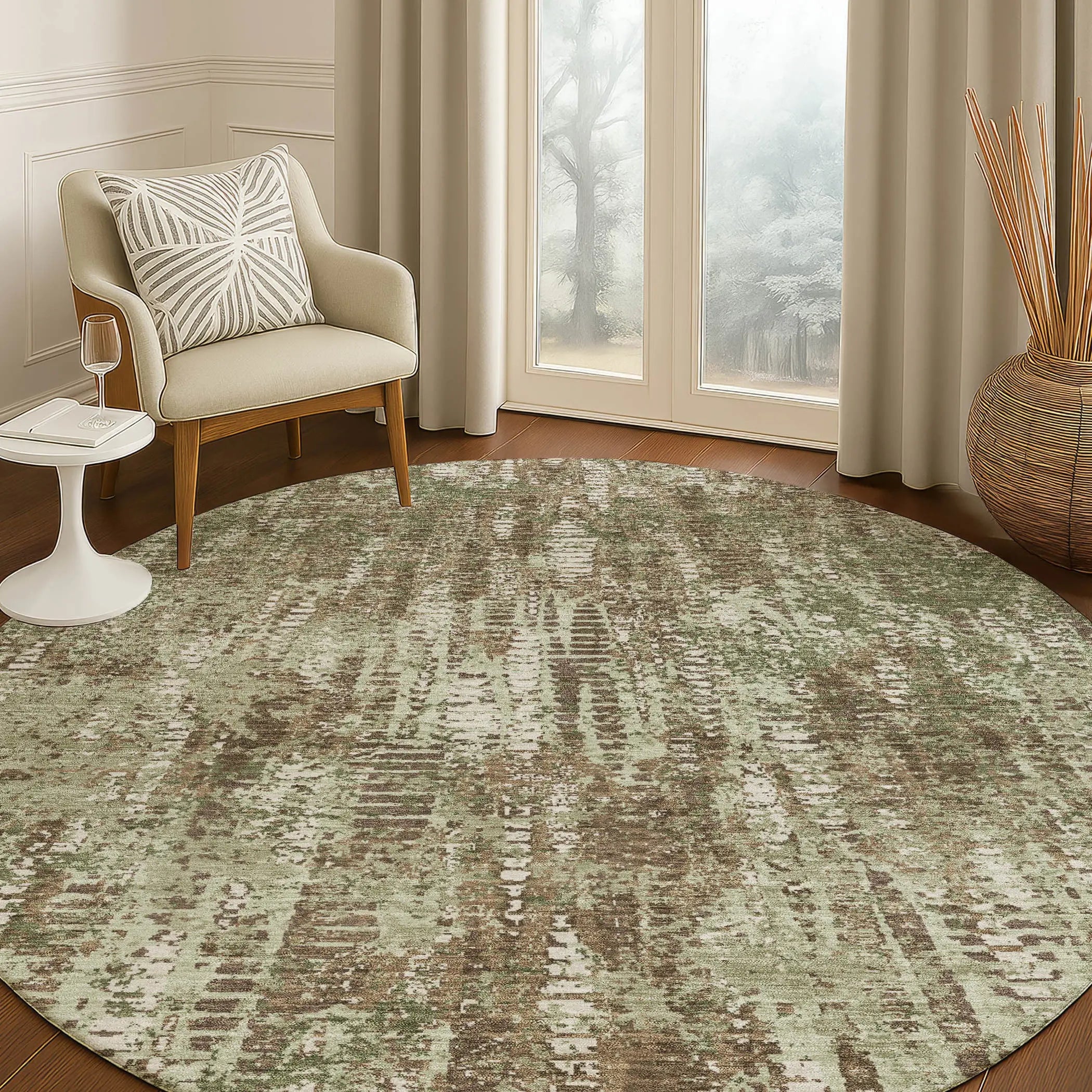 8' Olive Green And Graphite Round Abstract Washable Indoor Outdoor Area Rug Homeroots Outdoor