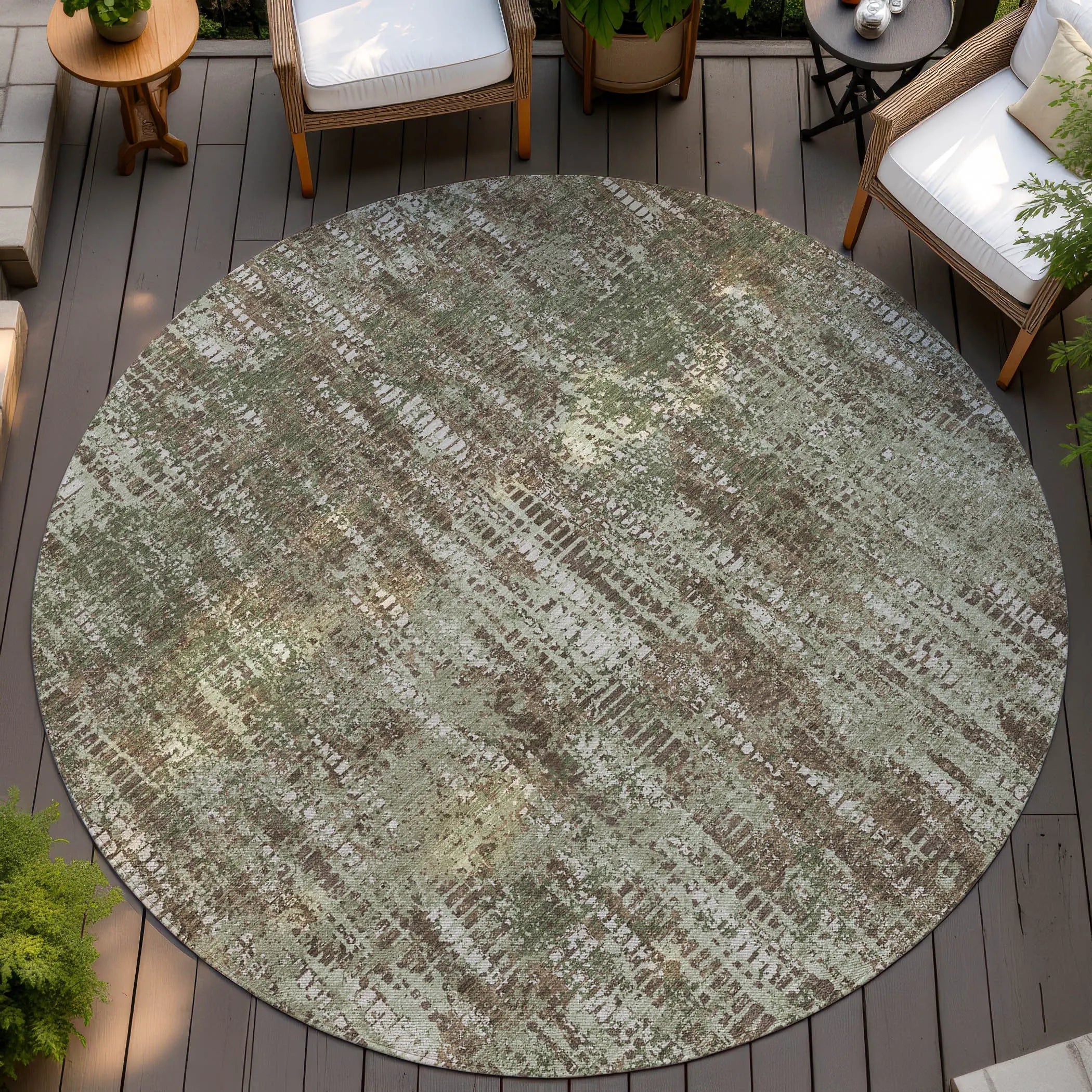 8' Olive Green And Graphite Round Abstract Washable Indoor Outdoor Area Rug Homeroots Outdoor