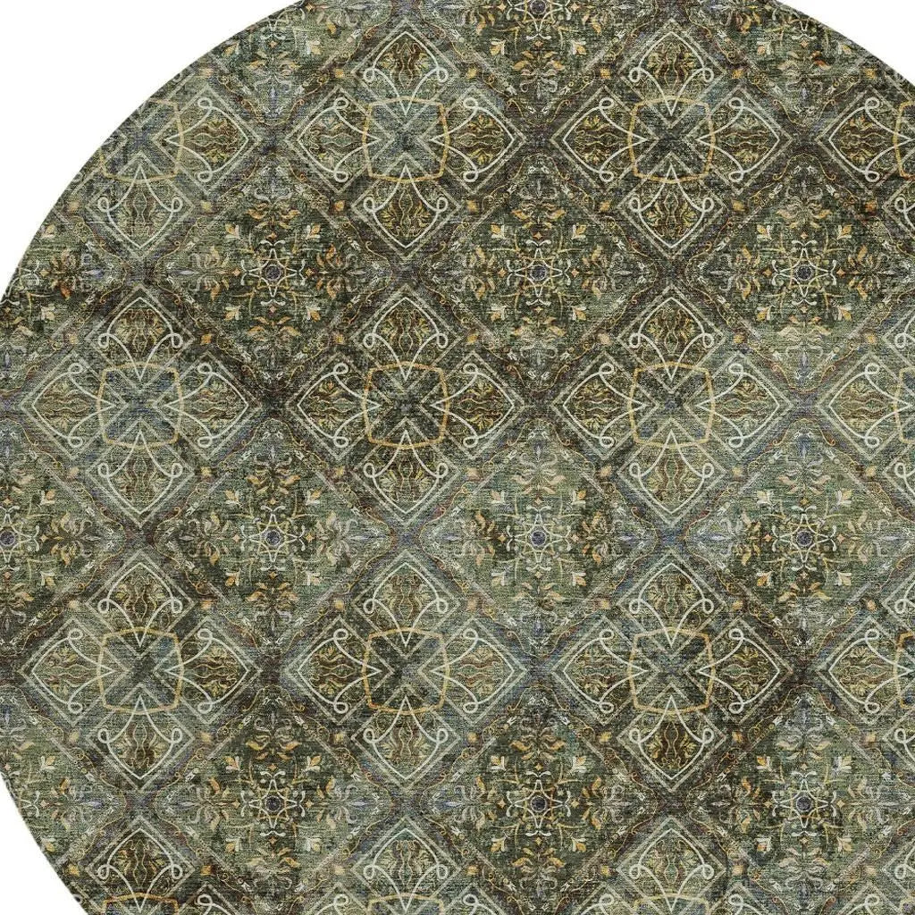 8' Olive Green And Graphite Round Geometric Washable Indoor Outdoor Area Rug Homeroots Outdoor