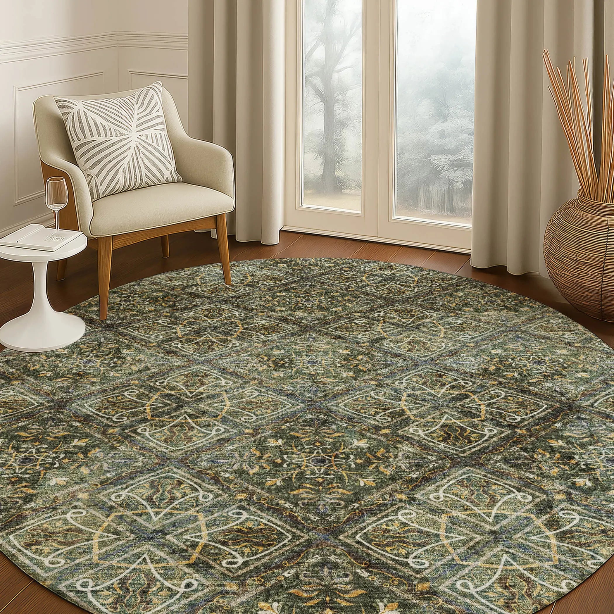 8' Olive Green And Graphite Round Geometric Washable Indoor Outdoor Area Rug Homeroots Outdoor