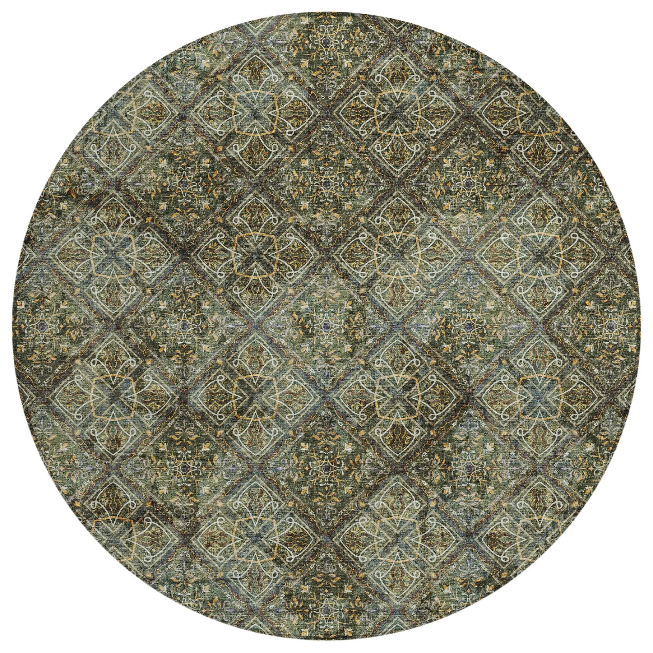 8' Olive Green And Graphite Round Geometric Washable Indoor Outdoor Area Rug Homeroots Outdoor