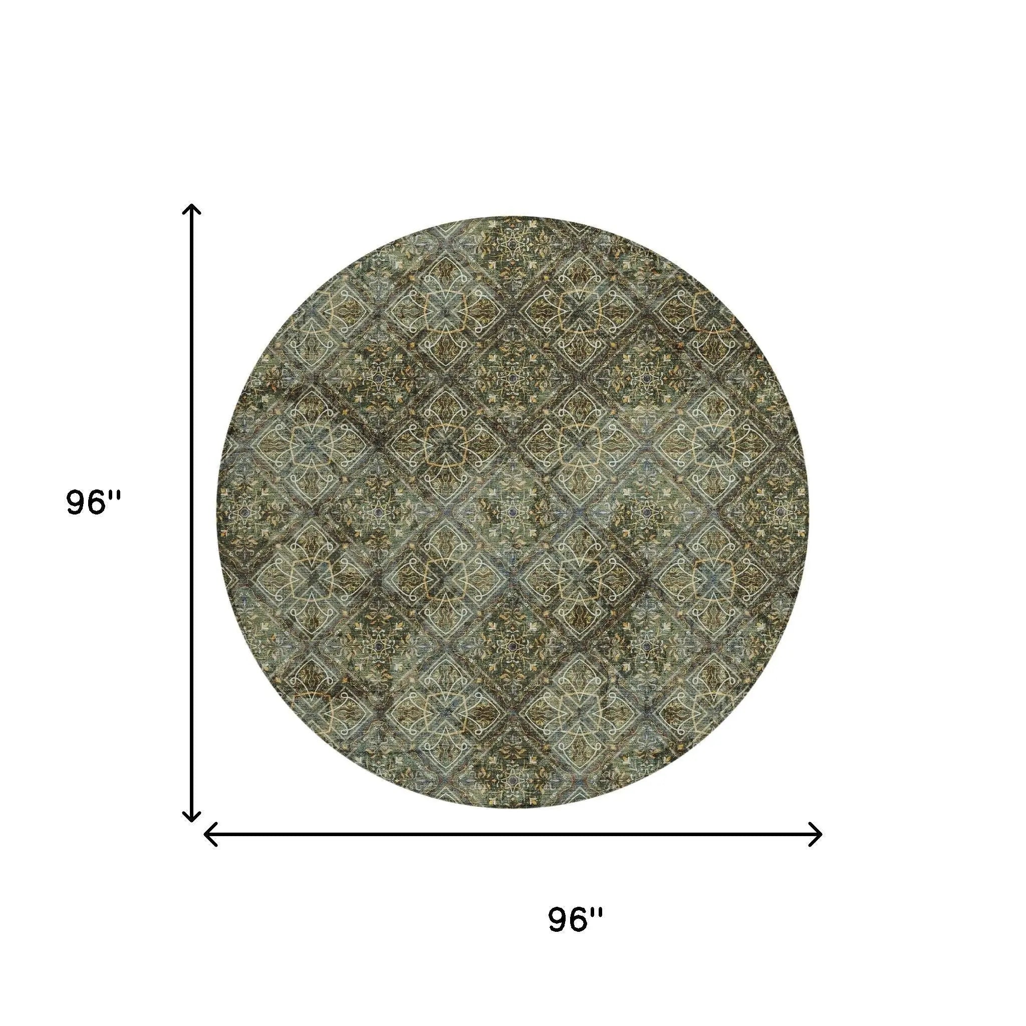 8' Olive Green And Graphite Round Geometric Washable Indoor Outdoor Area Rug Homeroots Outdoor