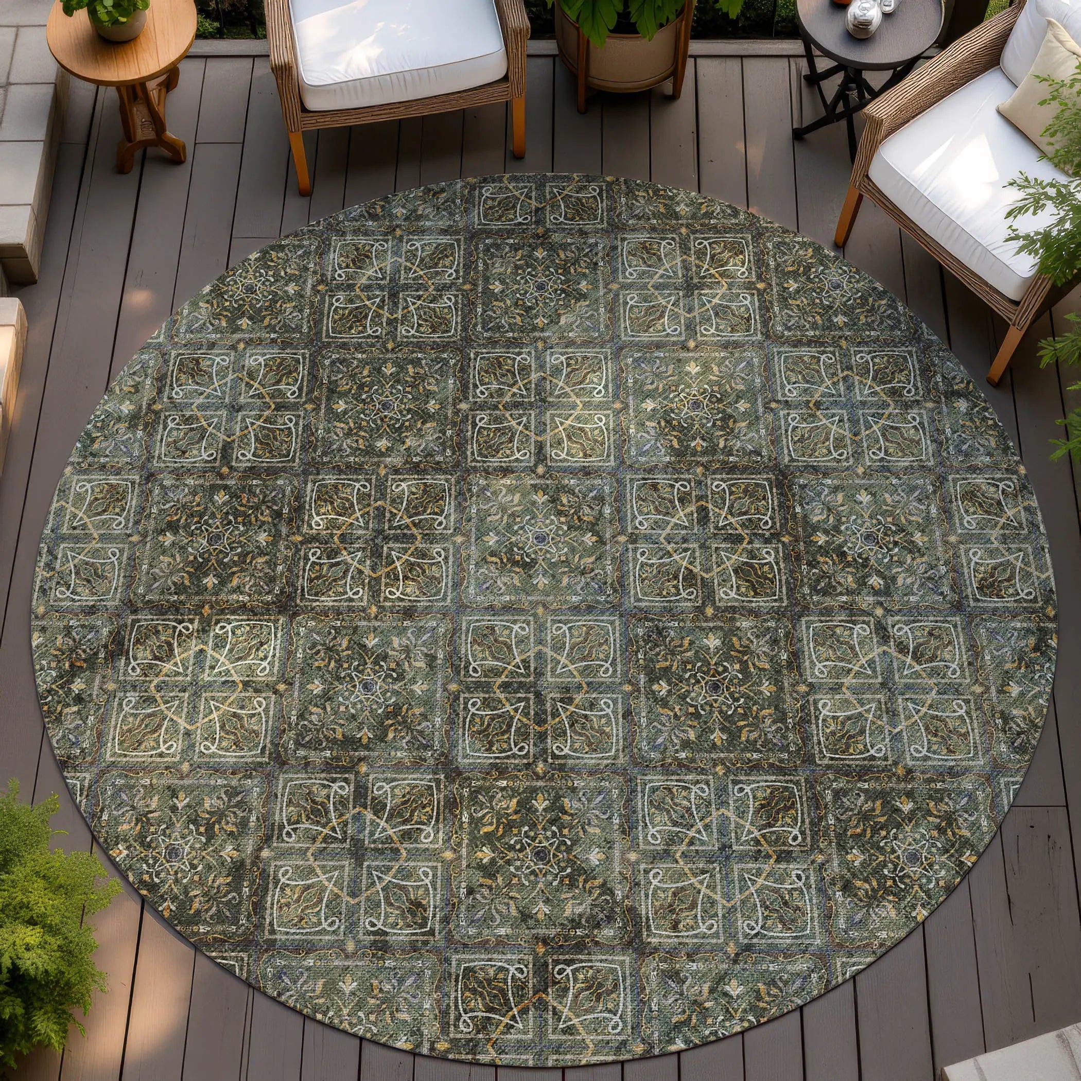8' Olive Green And Graphite Round Geometric Washable Indoor Outdoor Area Rug Homeroots Outdoor