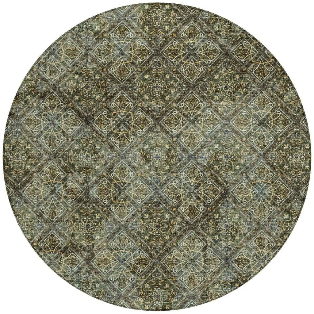 8' Olive Green And Graphite Round Geometric Washable Indoor Outdoor Area Rug Homeroots Outdoor